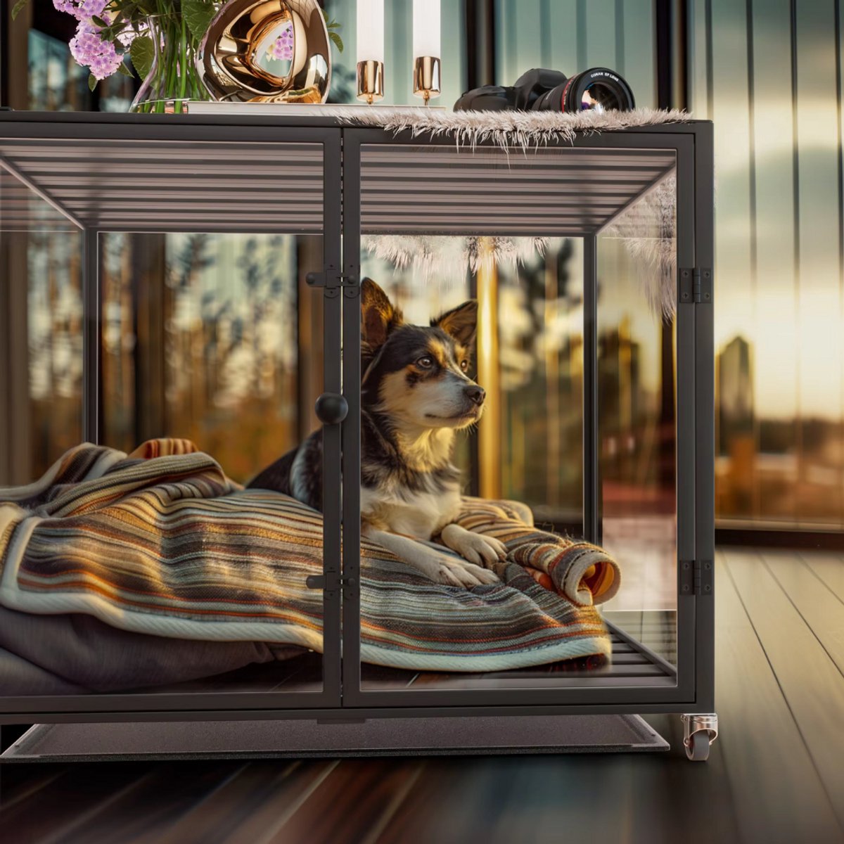 Hondenbench Cleany - Op wieltjes - Gehard glas - Hondenkennel - Met Aluminium Frame - 90cm