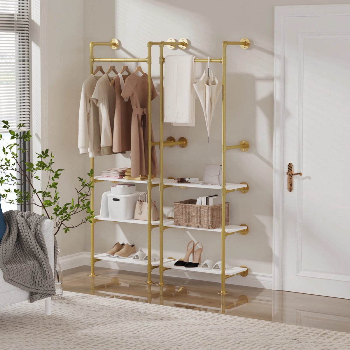 Kledingrek Fioren - Moderne kledingrek - Met kledingroede voor hal, slaapkamer of woonkamer - Kledingstangen - Schoenenrek - Wandmontage