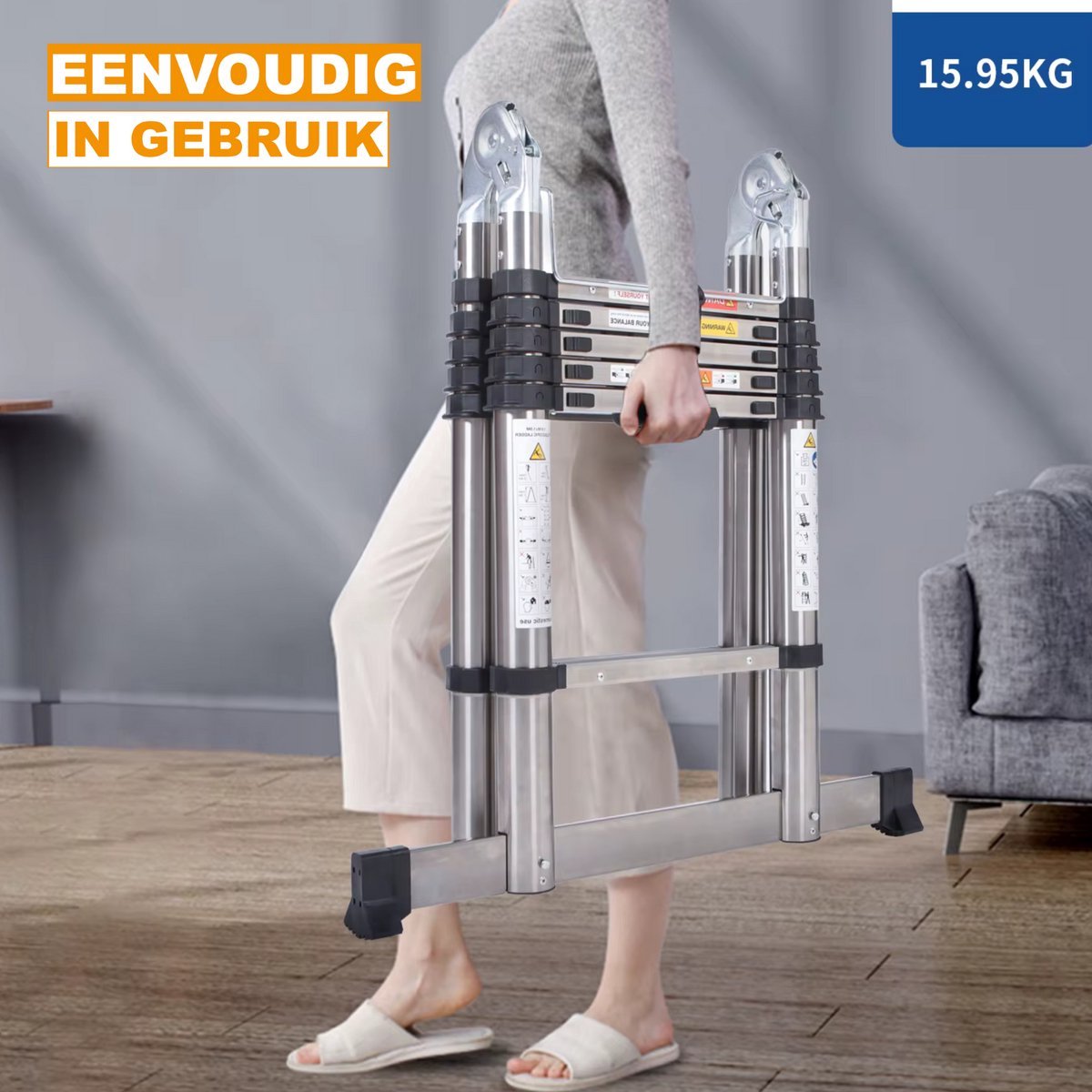 Ladder Tavien - Telescopische Ladder 3,8M - Draagbare Multifunctionele Verlengladder - Roestvrijstalen Frame - Opvouwbaar & Compact