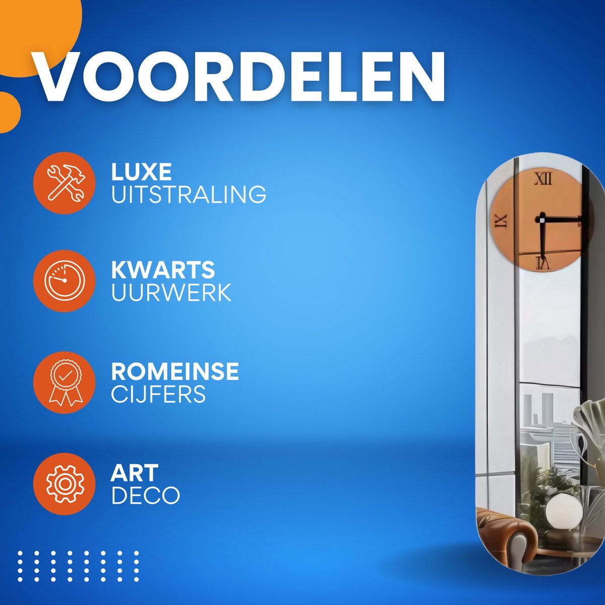 Tavien Langwerpige Wandklok - Bruin Getint met Zilveren Gespiegelde Romeinse Cijfers - Moderne Decoratieve Klok voor Woonkamer