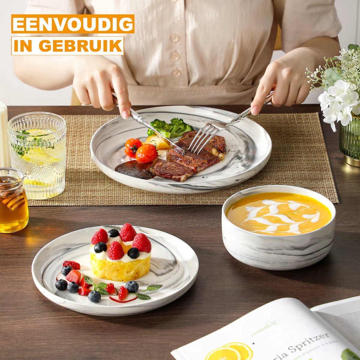 Splendid Ontbijtborden - Dinerborden - 4 persoons - 12 delig - Grijs Marmer - Keramisch - Kleine Borden