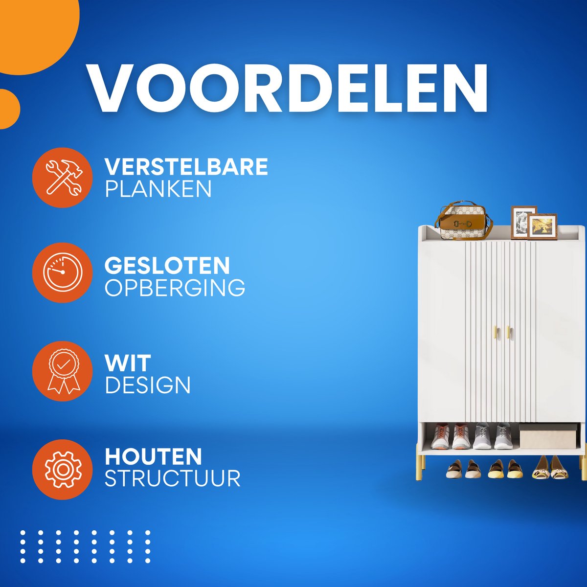 Schoenenkast Datino - Met deuren - Wit - Schoenenrek - 110cm - 6 laags - Houten opbergkast met kleppen