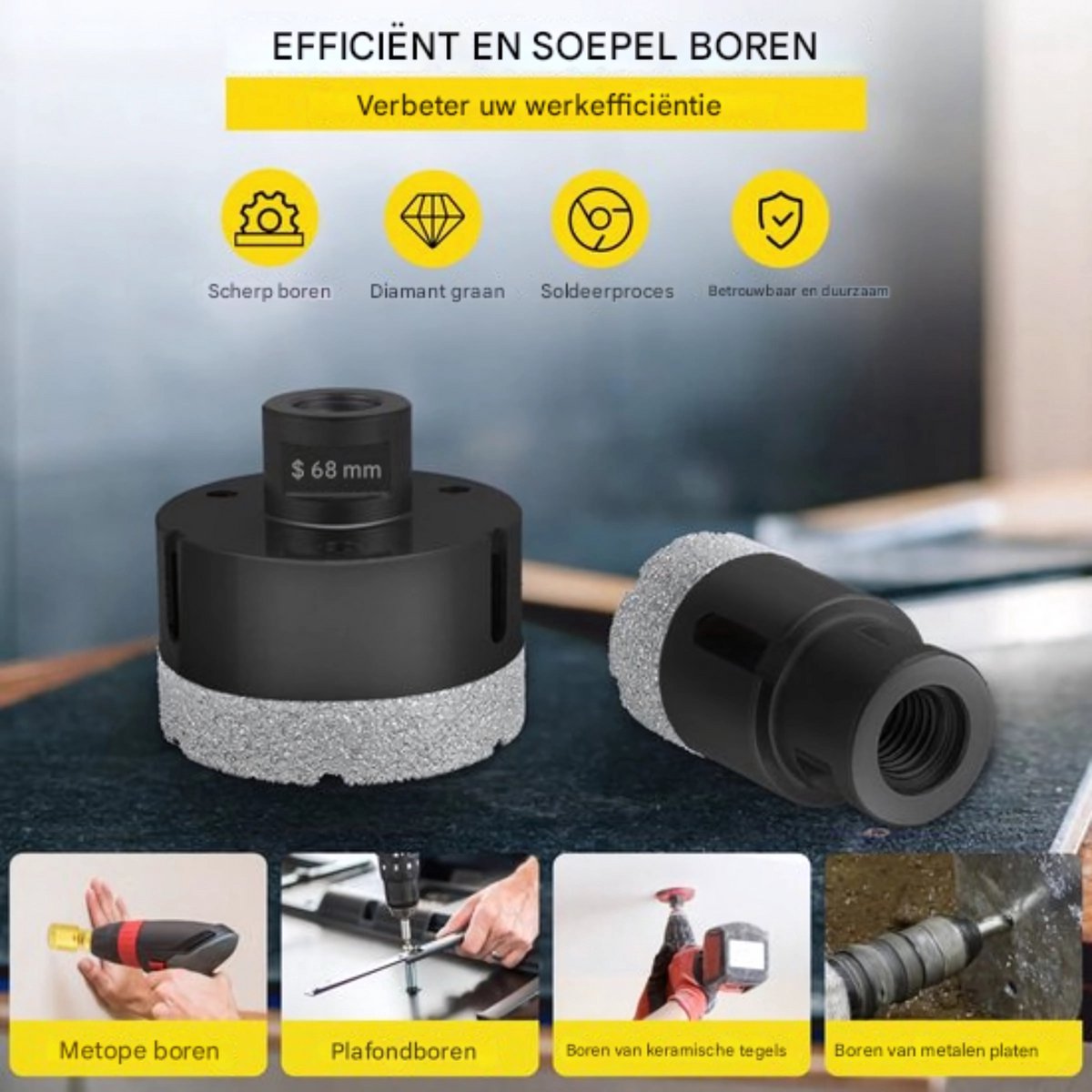 Diamant Gatenzaagset – Dozerboor - 6-delige Tegelboorset gatenzaag 60 mm – Voor Keramiek, Marmer & Porselein