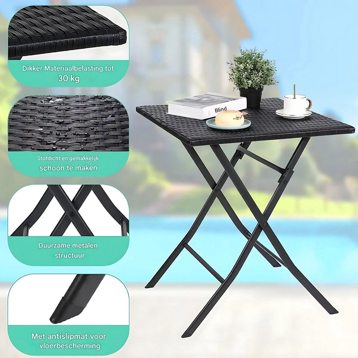 Outdoor Klaptafel Set Valora - Balkonset - 3-delig - Voor Camping en Picknick - Opvouwbare Rotan Meubelstoel en Tafel - Draagbare Balkonset met 2 Stoelen - Donkergrijs