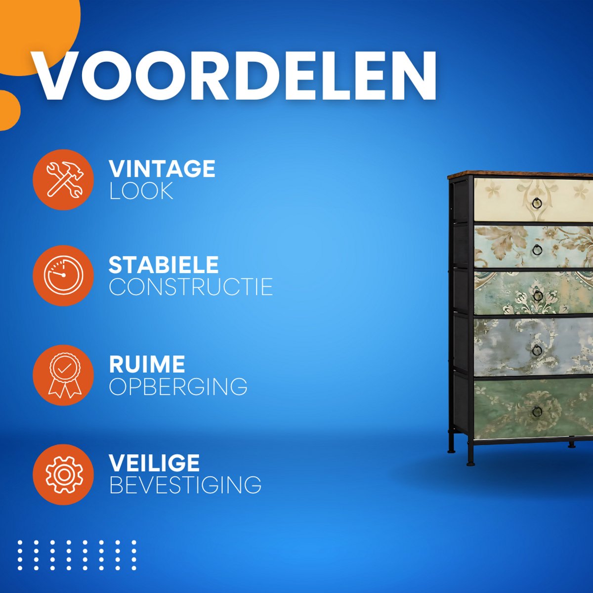 Woonkamerkast Fioren - Voor Opbergen in Woonkamer of Slaapkamer - Industrieel Dressoir met 5 Stoffen Lades - Rustiek Bruin Metaal