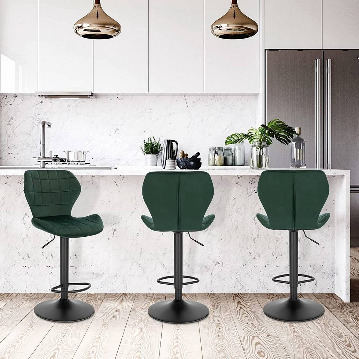 Barkruk Otta - Industrial - Donkergroen - Barkrukken set van 1 - Barstoel Kruk - Barstoelen met rugleuning - Keukenstoel - In hoogte verstelbaar - Velvet