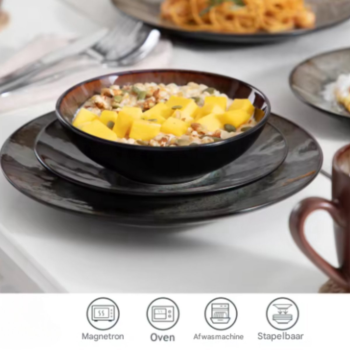 Luminous Serviesset – Dinerborden – 4 persoons – Bruin 16 delig – Keramisch – Breakfast Plates – Uniek servies