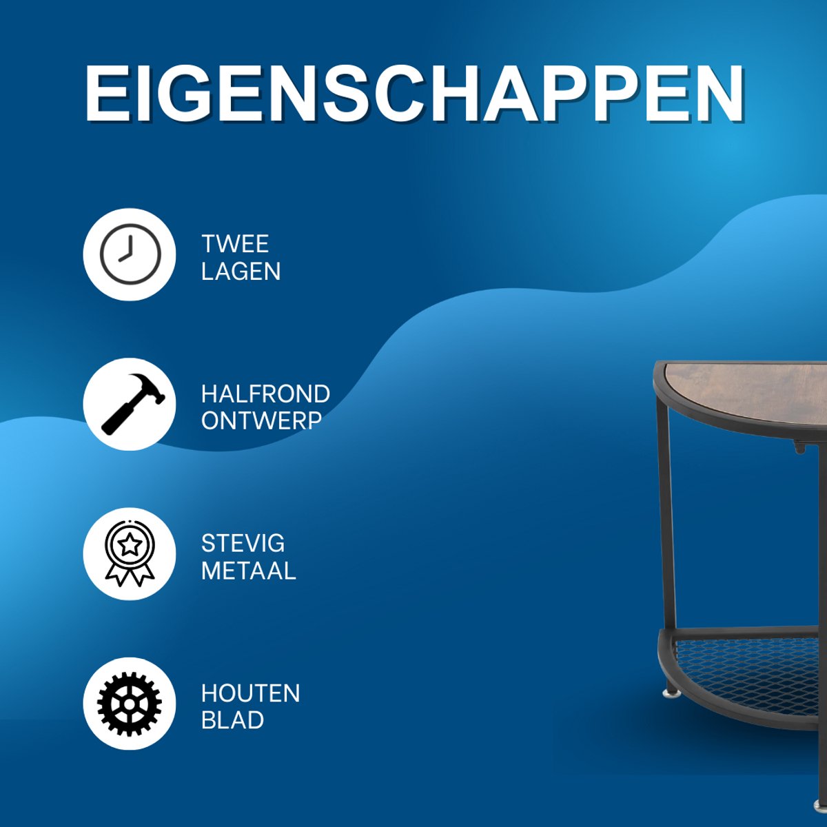 Bijzettafel Lucia - Half rond - Voor woonkamer en slaapkamer - 50KG - Hout en metaal