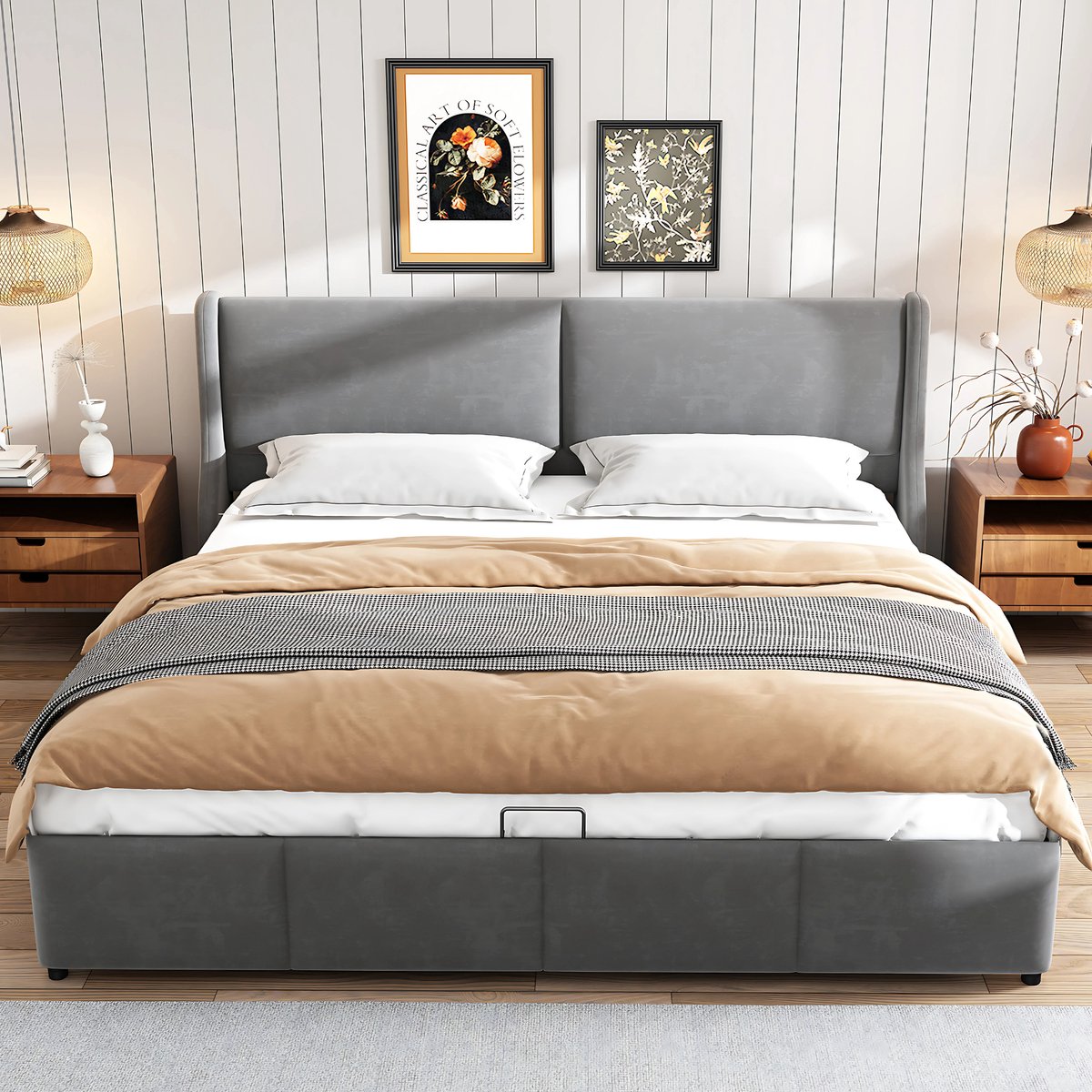 Bed - Tweepersoonsbedden - Tweepersoonsbed - Voor Slaapkamer - Tweepersoonsbed met Oorvormig Kussen Hoofdeinde & Hydraulisch Opbergsysteem - Grijs - 180x200