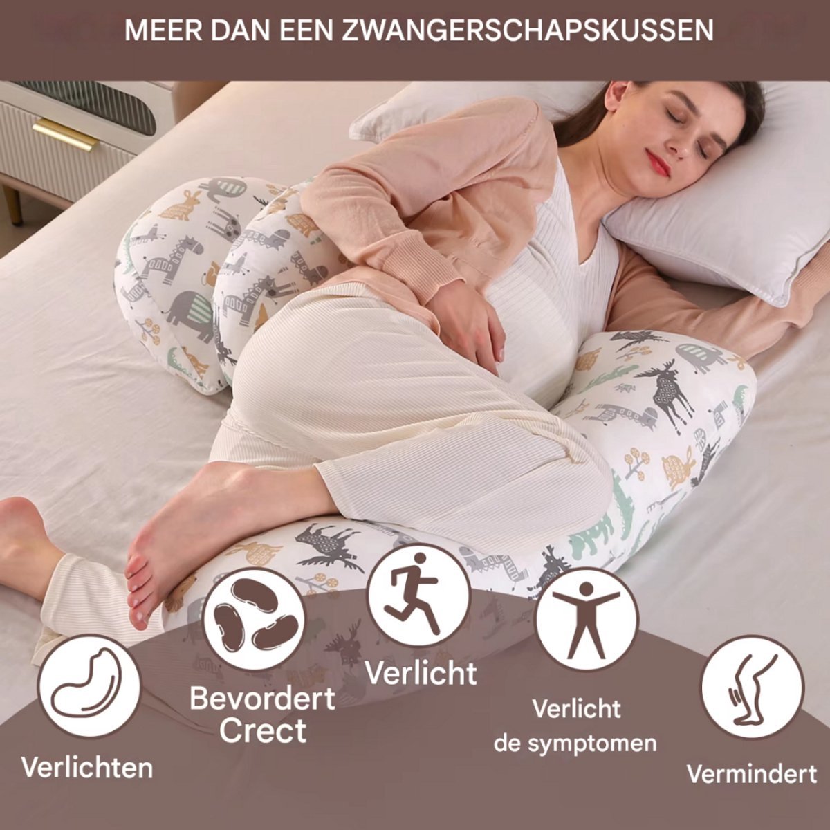 Ergonomisch zwangerschapskussen Vortex - Voor zijslapen - Body pillow - Zijslaapkussen - Voedingskussen - Verstelbaar - Dieren print