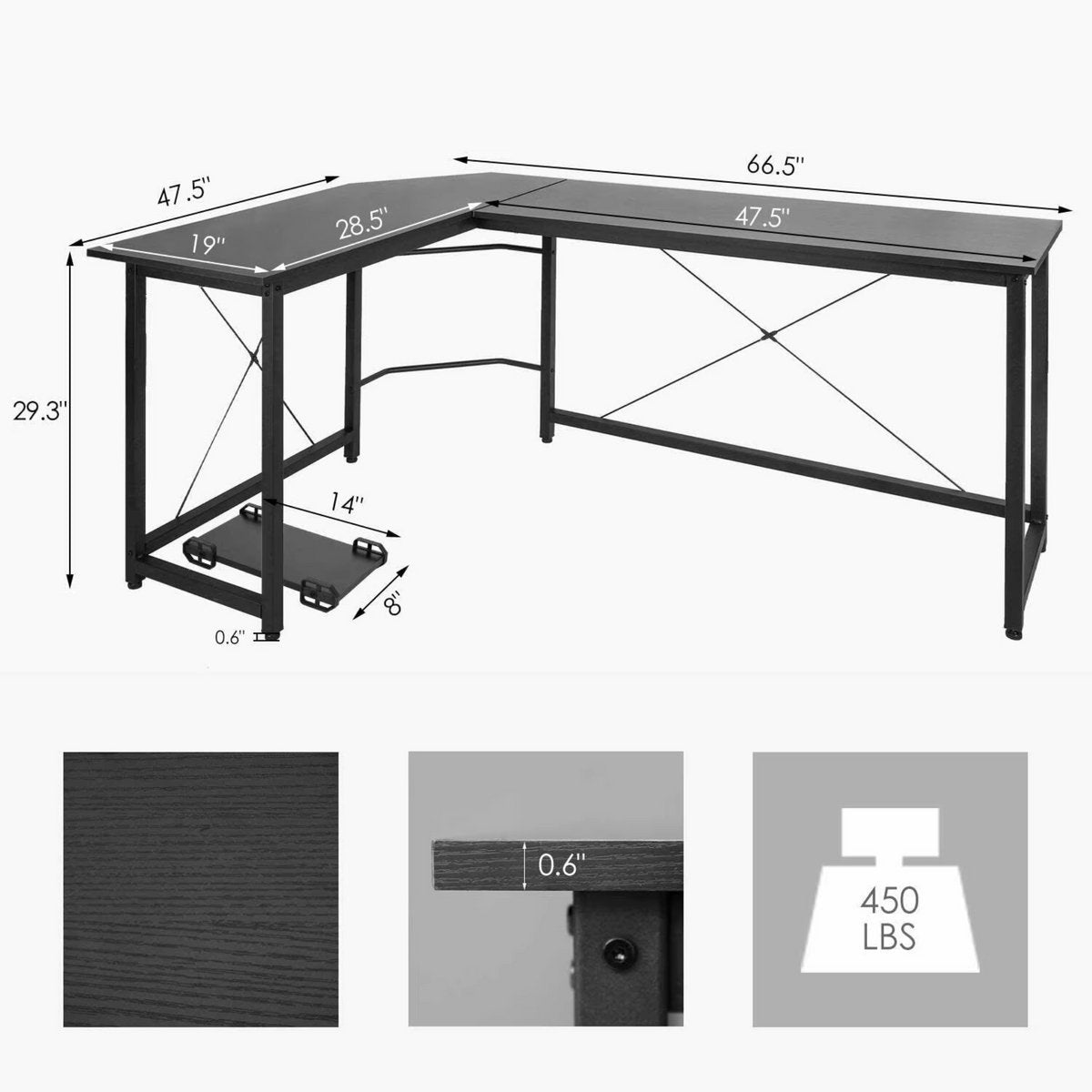L-vormig Hoekbureau Tavien - Voor Thuiswerk, Gaming of Kantoor - Ruimtelijk Workstation met PC & Laptopruimte - 167 cm - Zwart