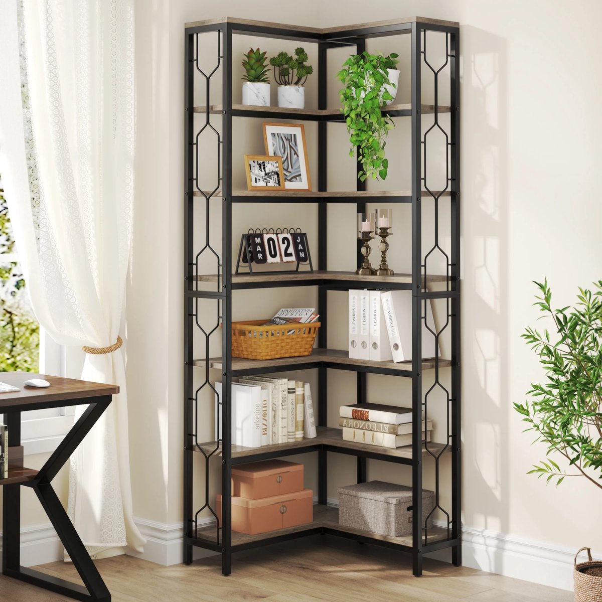 Hoek boekenkast met 7 Lagen - Hoekkast - Grijs - Hoekrek - Voor Woonkamer, Slaapkamer of Kantoor