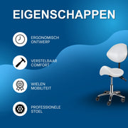 Ergonomische Rollende Zadelstoel - Bureaukruk - Werkkruk - Tabouret - Zadelstoel - met Wielen & Rugleuning - Voor Kapper & Spa - Wit