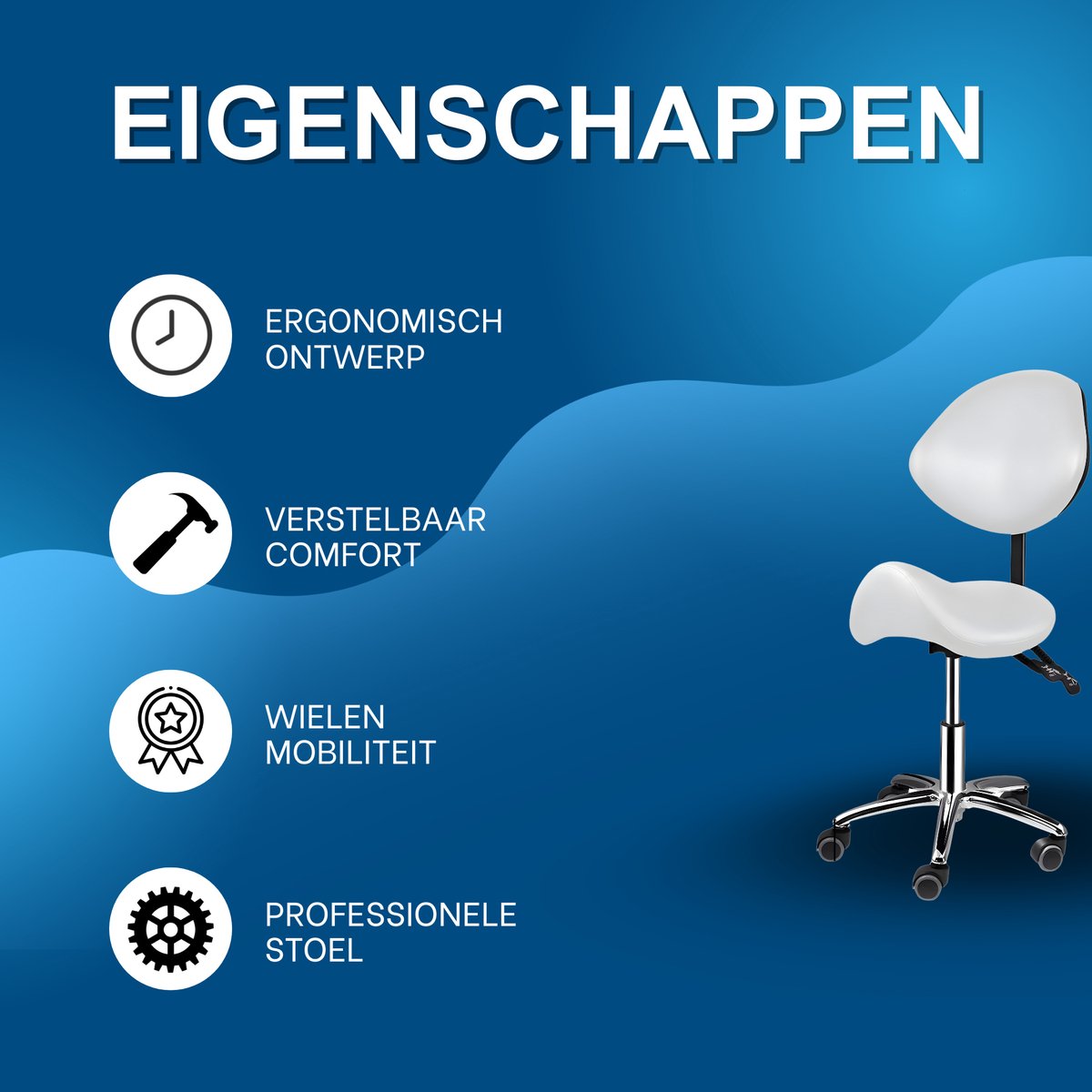 Ergonomische Rollende Zadelstoel - Bureaukruk - Werkkruk - Tabouret - Zadelstoel - met Wielen & Rugleuning - Voor Kapper & Spa - Wit