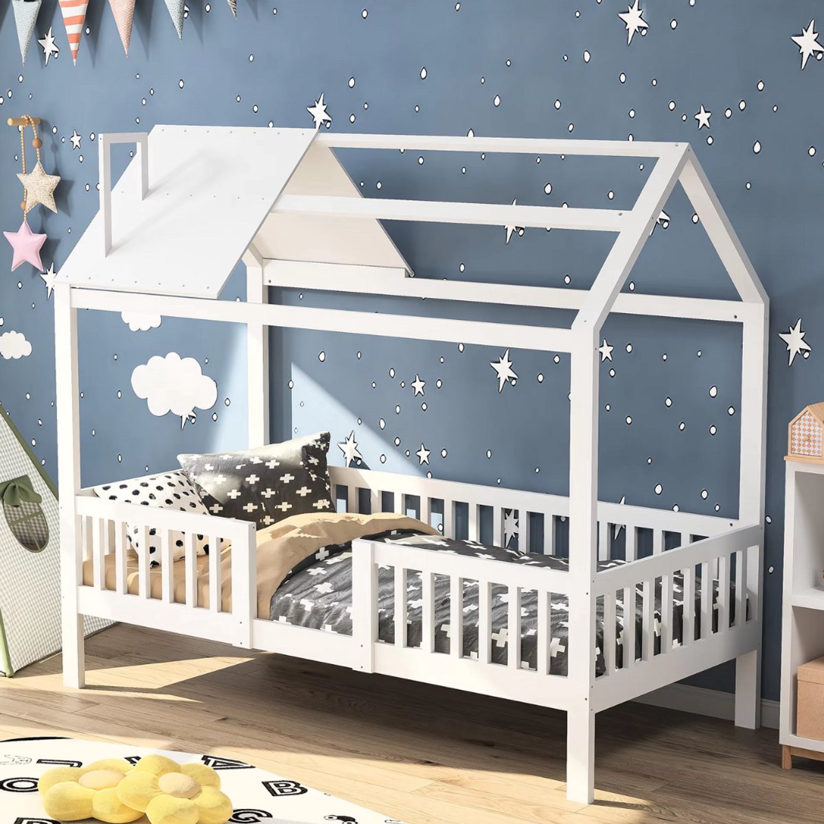 Kinderbed Fioren 90 x 200 cm - Voor Kinderen - Peuterbed - Met valbeveiliging - Met lattenbodem - Zonder matras