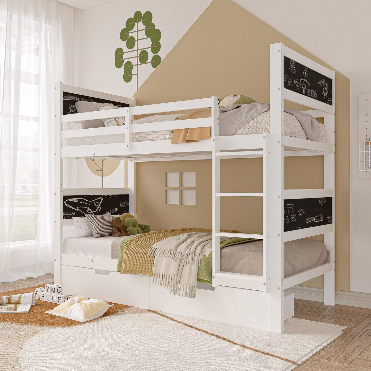 Stapelbed Fioren voor kinderen - 90x200 cm - Kinderbedden - Hoogslaper - Met Hoektrap, valbeveiliging en raam - Peuterbed