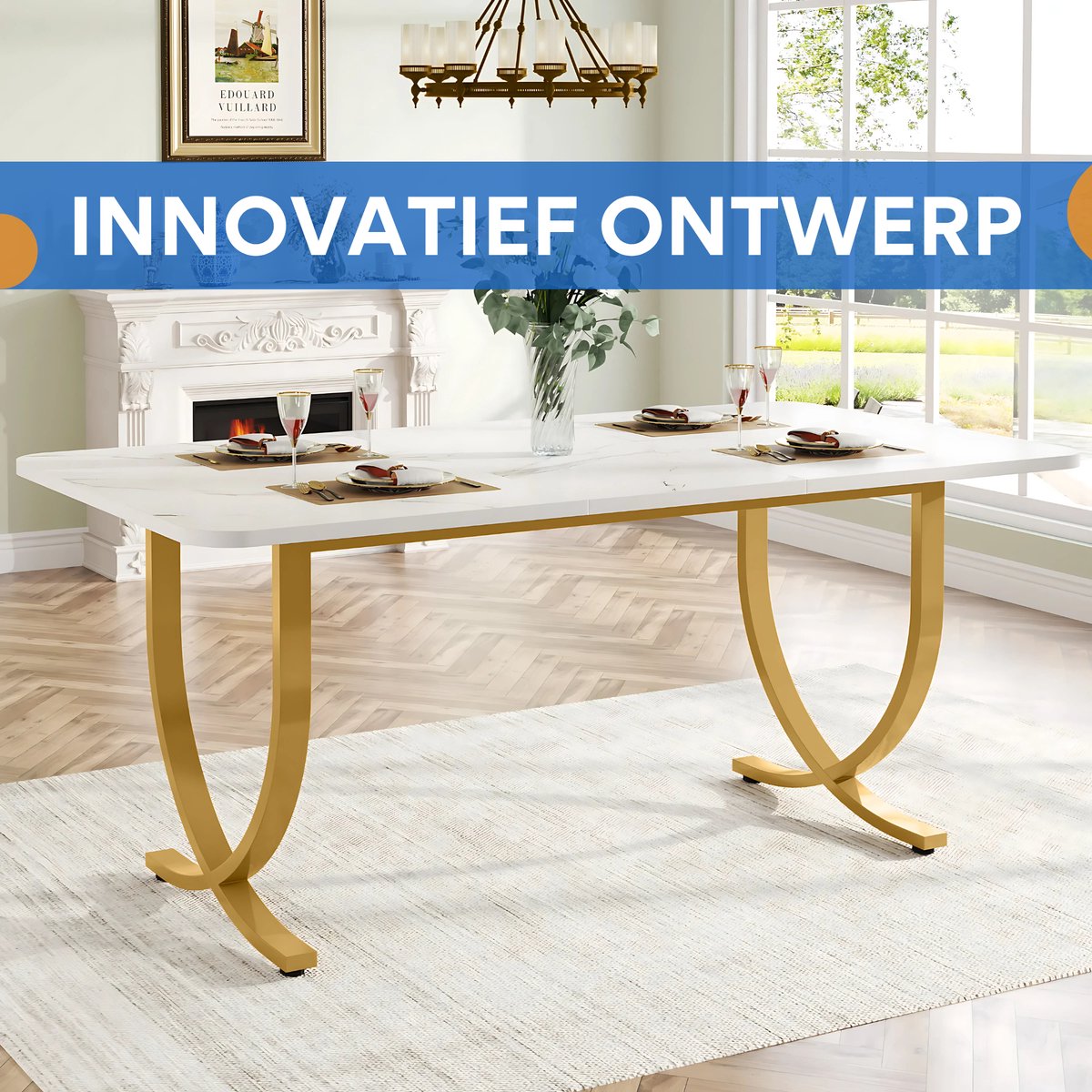 Moderne eetkamertafel Opulence - Woonkamer -Marmerlook Blad - 160cm