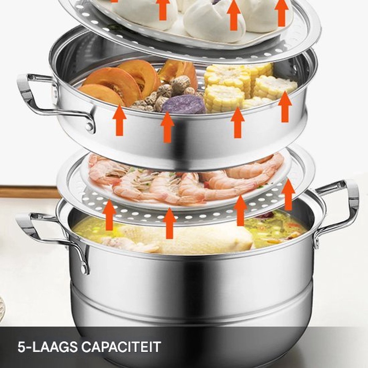 Multifunctionele Stoompannen - Steamer - Voorraad pot - Gestoomde gerechten - 5 lagen - 28 cm