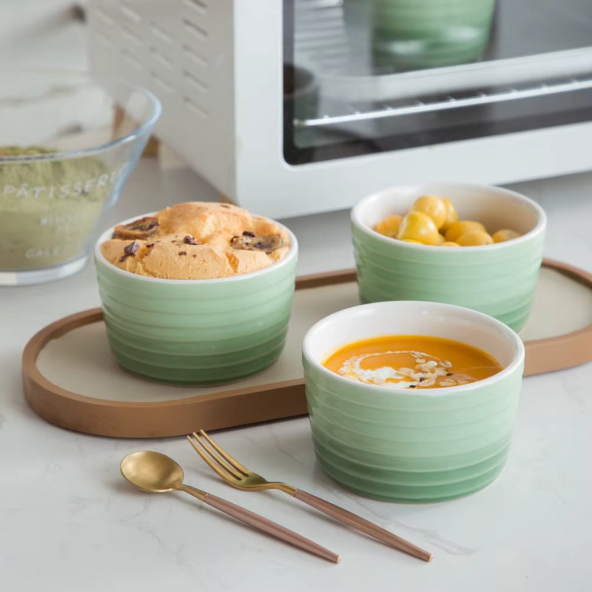 Ornate Kommen – 6 delig – Groen Keramisch – Eetborden – Breakfast Plates - Serviesset