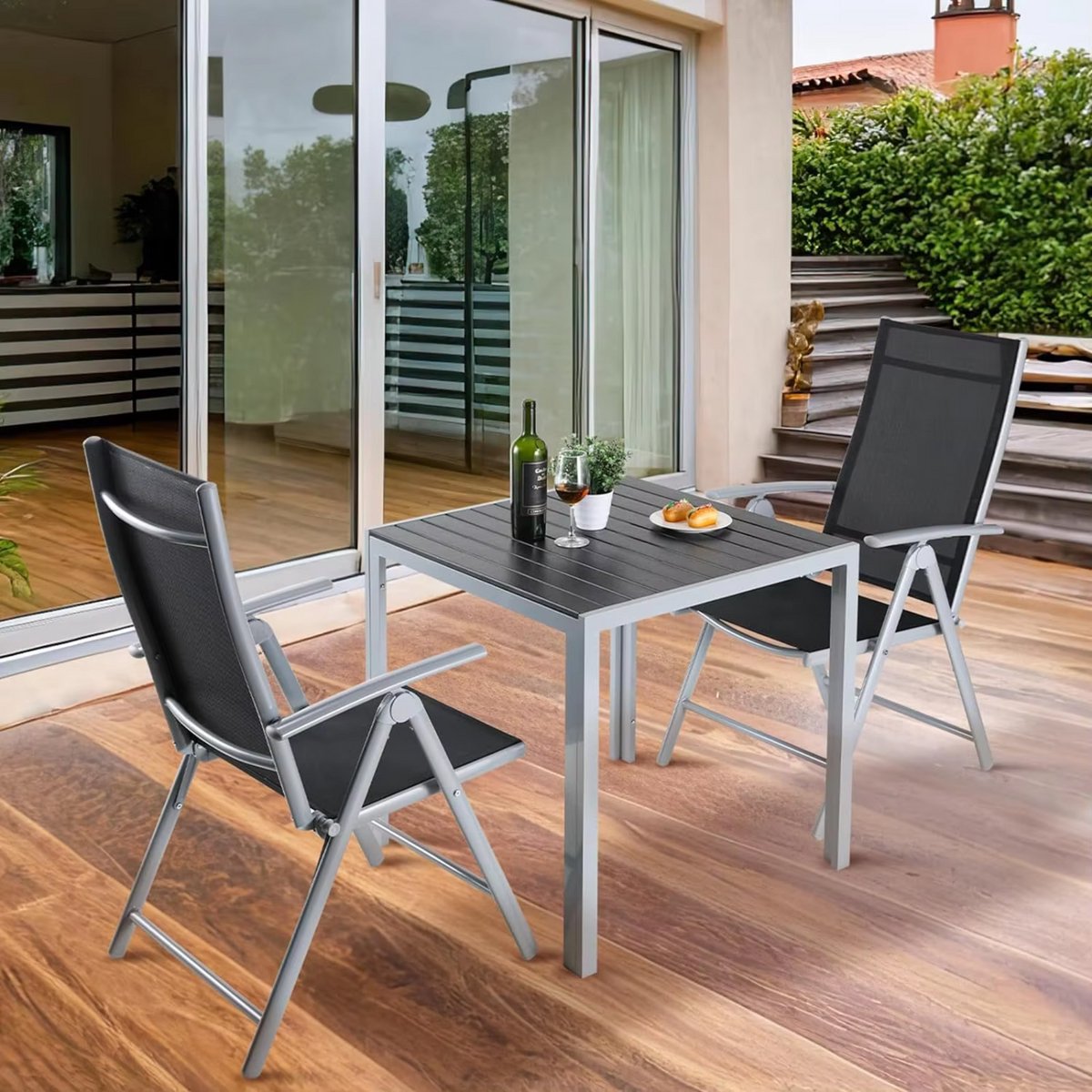 Tuinset met tuinstoelen - Tuintafel - 4 personen - Balkonset - 5-delige tuinmeubels - Aluminium - Klapstoelen - Zwart/zilver