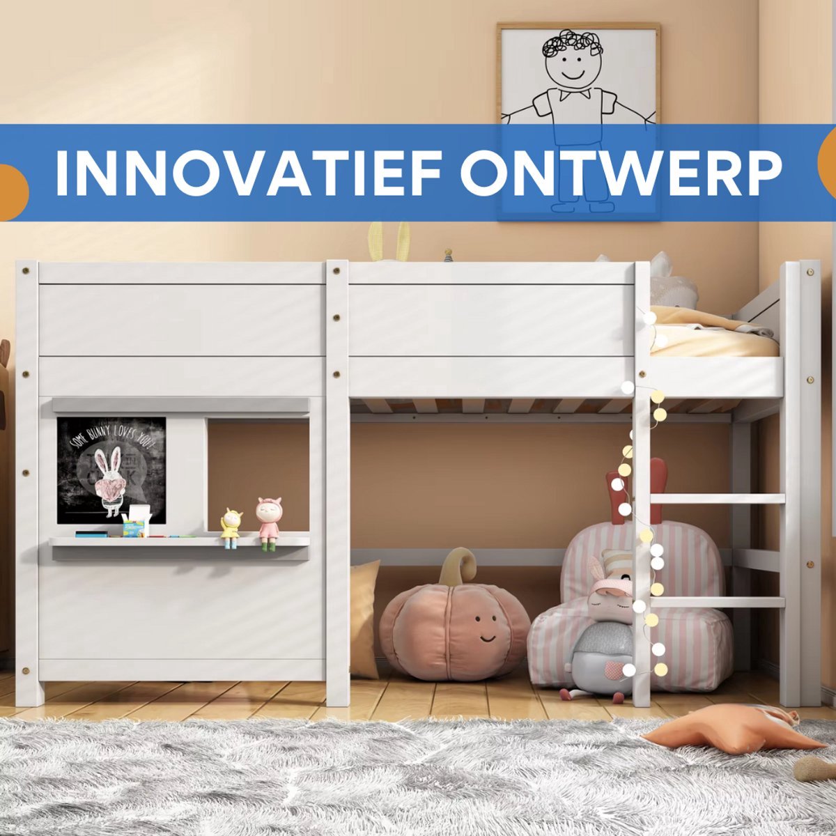 Kinderbed Tavien 90 x 200 cm - Voor Kinderen - Huisbed - Peuterbed - Met valbeveiliging - Met lattenbodem - Zonder matras