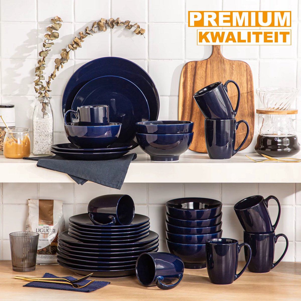 Santivo Serviesset - 48 delig - 12 persoons - Donkerblauw - Dinerborden - Bordenset - Diepe borden - Ontbijtborden - Servies - Keukenservies