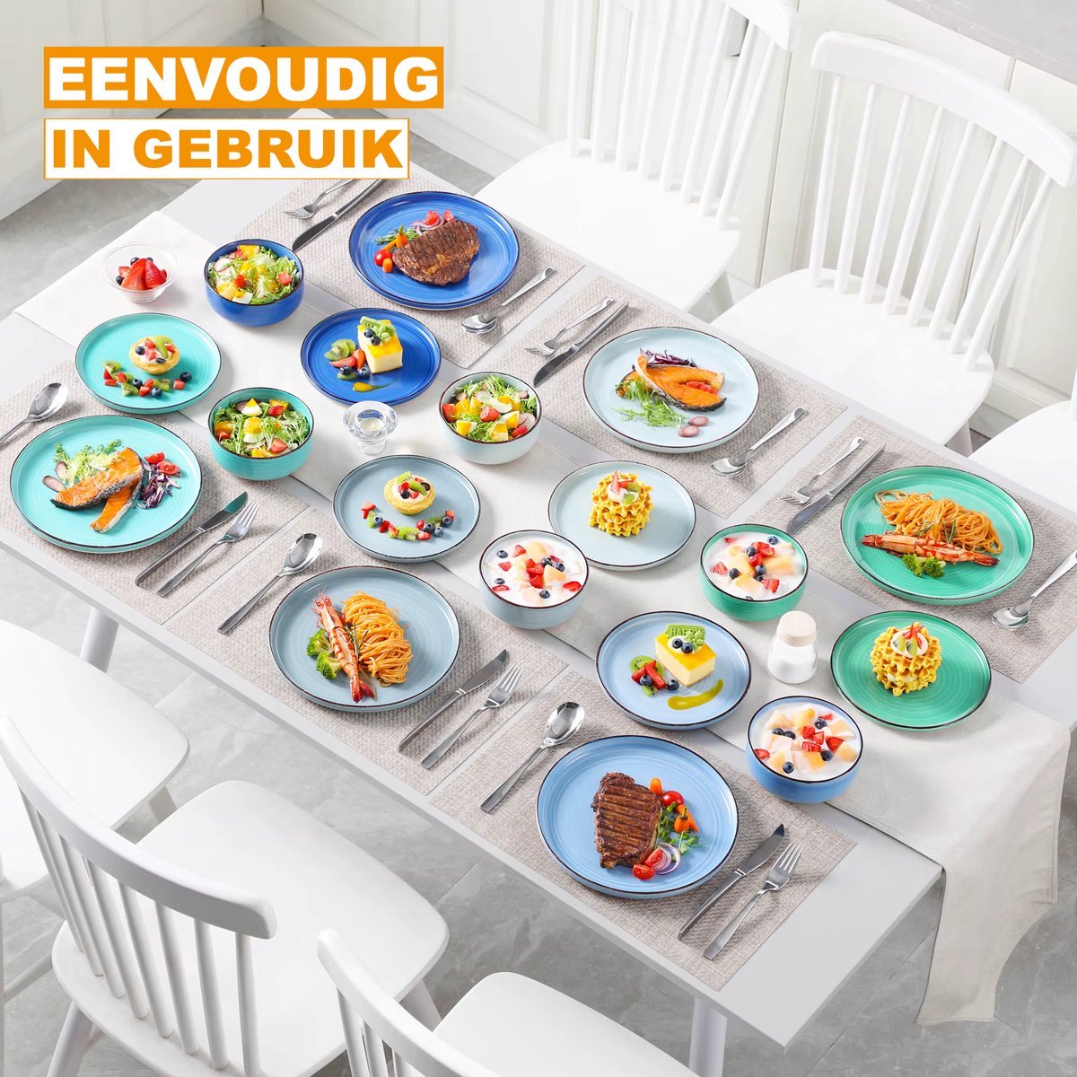 Valentis Ovenschaal - 16 delig - 6 persoons - Blauw - Dinerborden - Bordenset - Diepe borden - Ontbijtborden - Servies - Keukenservies
