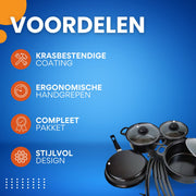 13-delige potten- en pannenset - Kookpannen - Kookpotten - Koekenpannen - Steelpan - Voor keuken & koken - Antiaanbaklaag met melkpot en koekenpan - Compleet keukengerei - Zwart