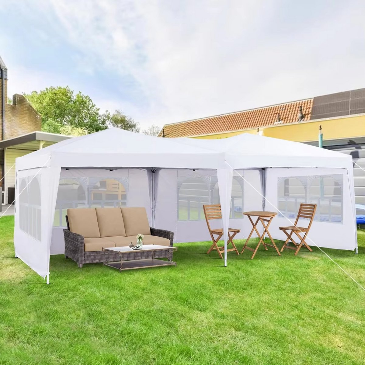 Partytent met zijwanden - 300x600cm - Opvouwbaar - Wit - Easy up - Paviljoen - Waterdicht weerbestendig - In hoogte verstelbaar