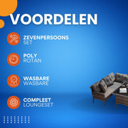 Tuinmeubelset - Loungeset - Tuinlounge Lounge Set - Lounge Set voor 7 Personen - Inclusief Sofa, Tafel, Kruk en Wasbare Kussens