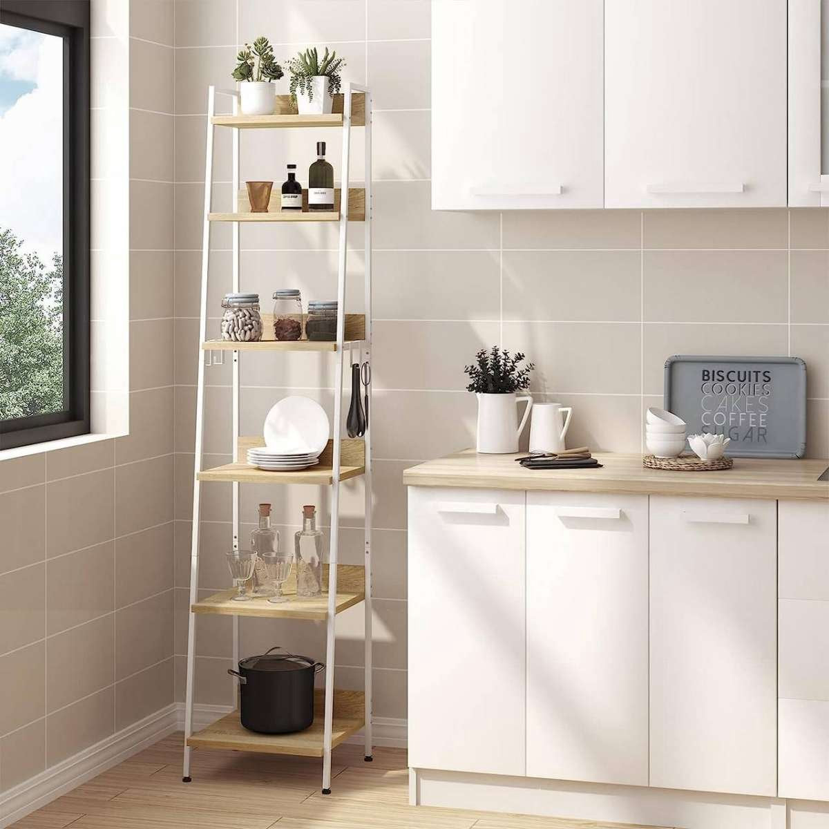 Happyment Boekenkast Dida - Industrieel - 6 Lagen - Wit/Oak - Boekenrek - Woonkamer, slaapkamer en kinderkamer - Hout/Metaal - 41 x 187 x 36 cm