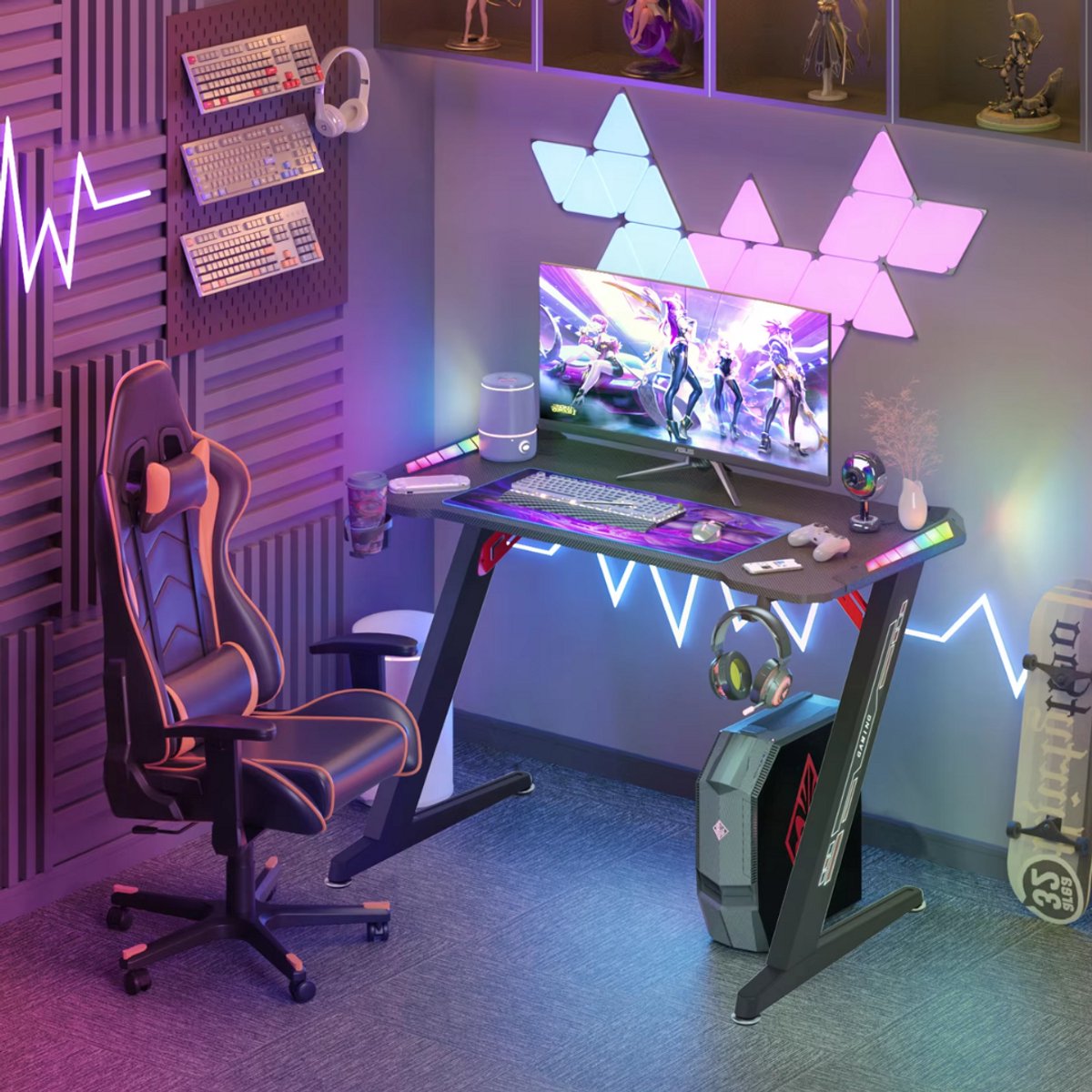 Gaming bureau Nevio - Met LED verlichting - 140cm desk - Metalen poten