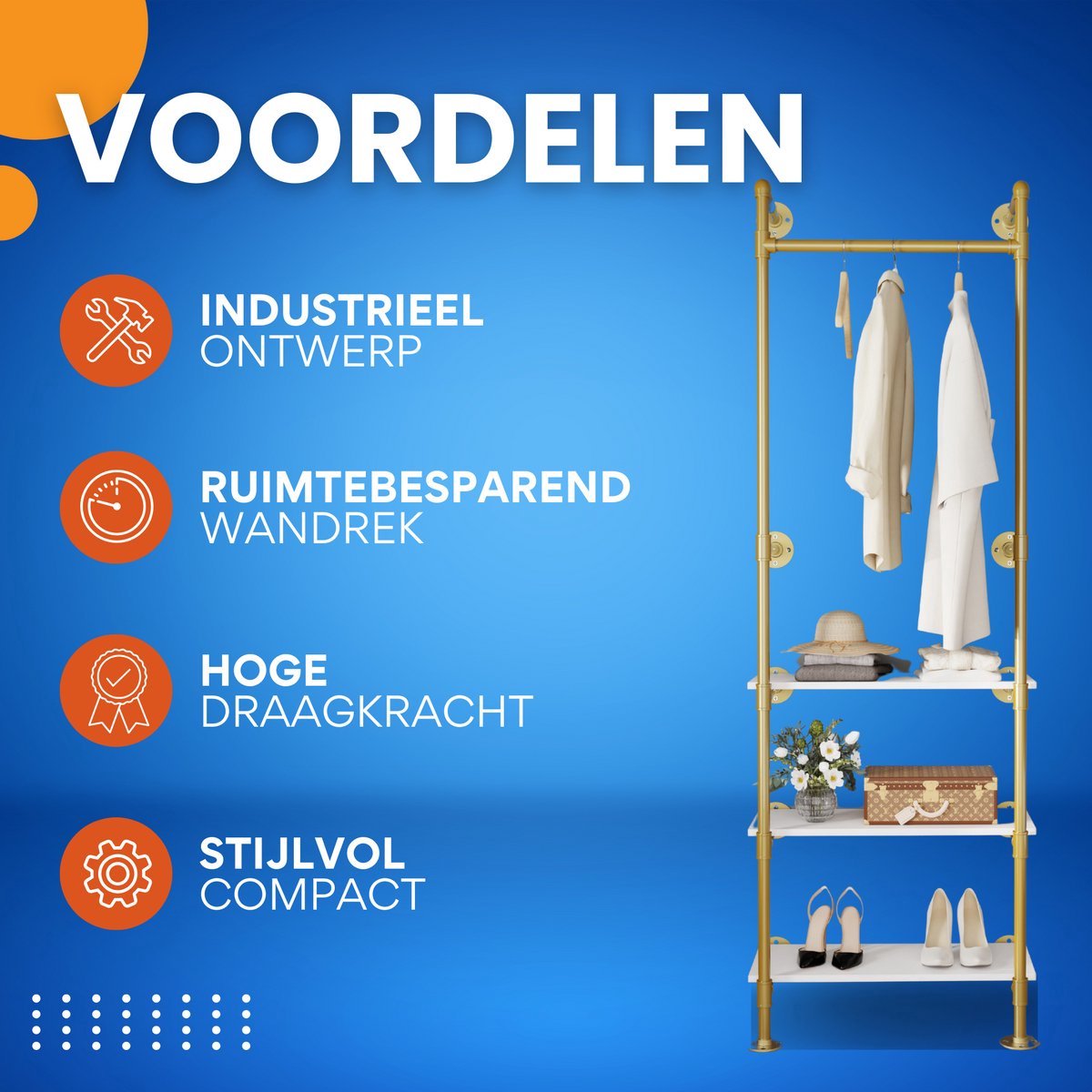 Kledingrek Fioren - Moderne kledingrek - Met kledingroede voor hal, slaapkamer of woonkamer - Kledingstangen - Schoenenrek - Wandmontage