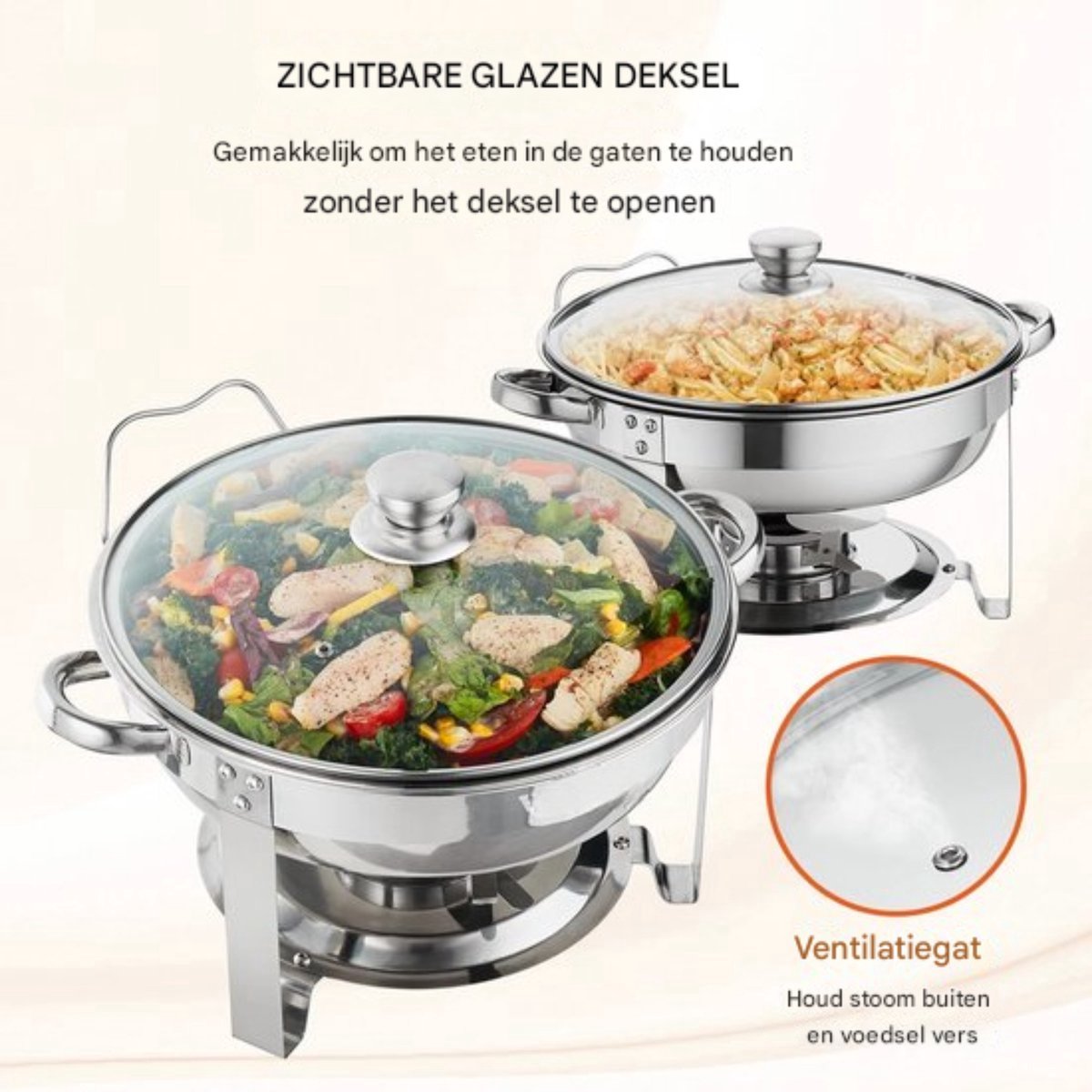 Happyment Buffetwarmer Deluxe - Rond - Warmhoudschaal - Glazen Deksel - 3.5L - 2 stuks