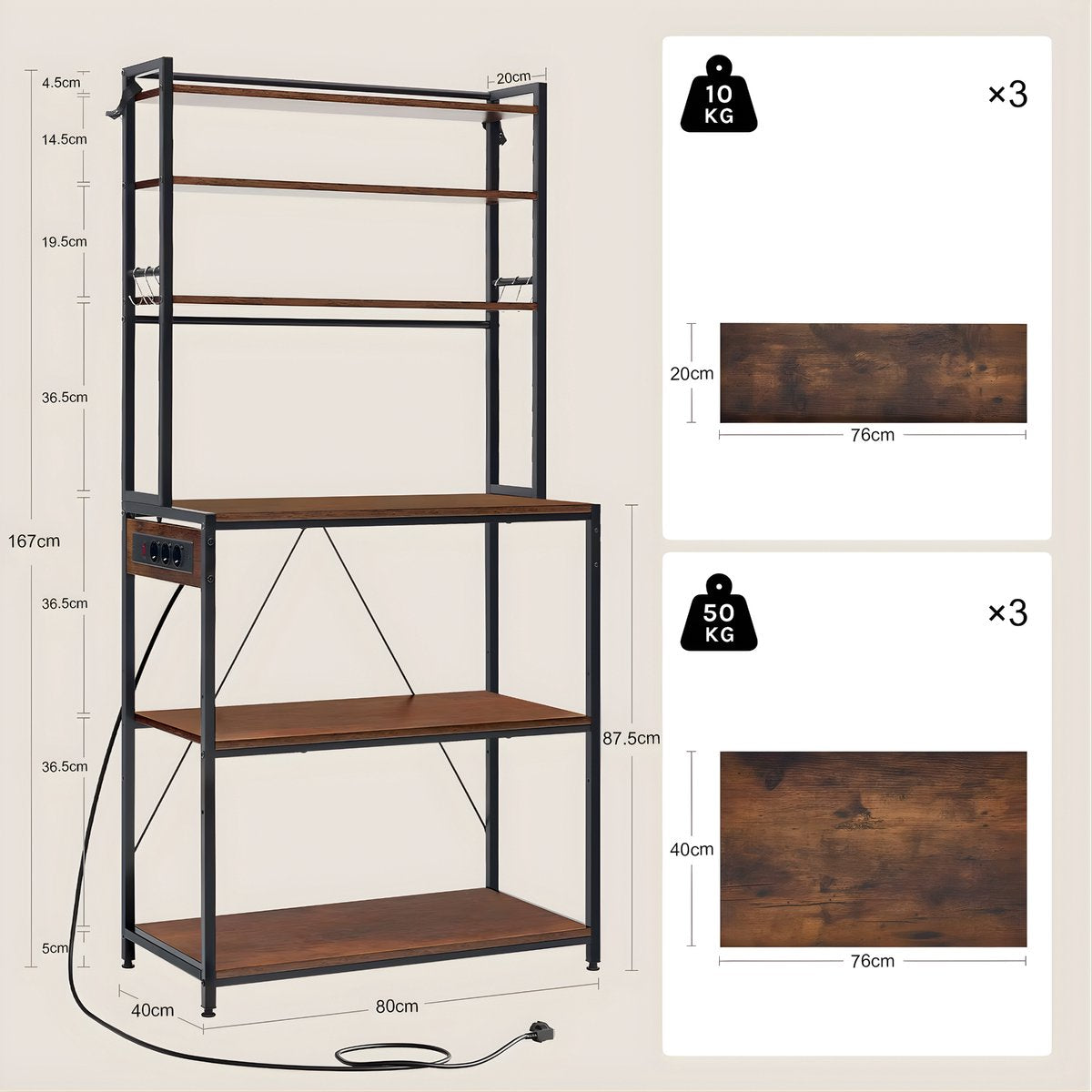 Opbergkast - Keuken orginazer - Wandkast - Voor keuken / woonkamer – Met stopcontact – Rustic brown - Maat XL