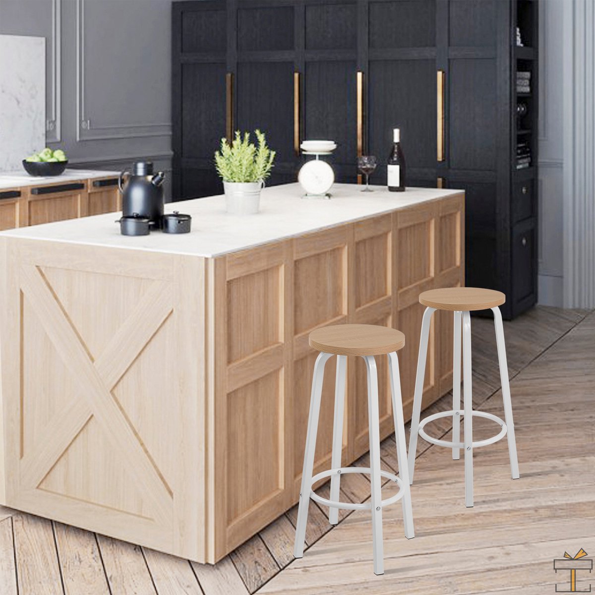 Happyment Barkruk deluxe - Set van 2 barkrukken - Zonder rugleuning - Wit/bruin - 30x30x70cm - Black friday - Kerstcadeau