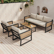 4-delig Tuinmeubelset - Loungeset - Tuinlounge Lounge Set - Voor Tuin of Terras - 3 Sofa’s, 2 Fauteuils & Salontafel - Kunststof Hout, Touw & Gegalvaniseerd Staal
