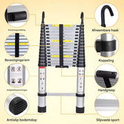 Telescopische Ladder met Haken - 5M - Multifunctionele Opvouwbare Aluminium Ladder - Verlengladder met Antislipvoeten