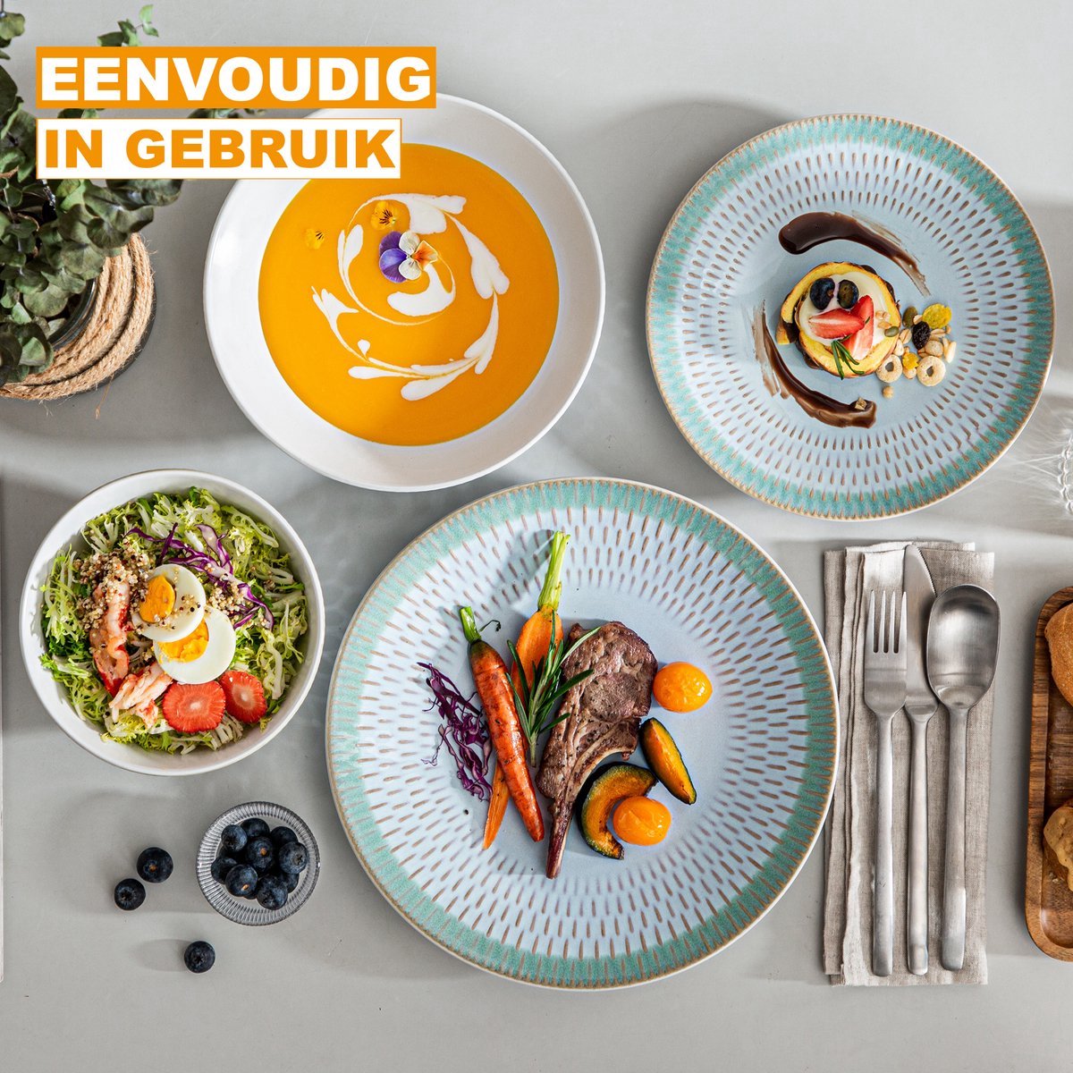Imperial Serviesset - 48 delig - 12 persoons - Wit/Groene rand - Dinerborden - Bordenset - Diepe borden - Ontbijtborden - Servies - Keukenservies