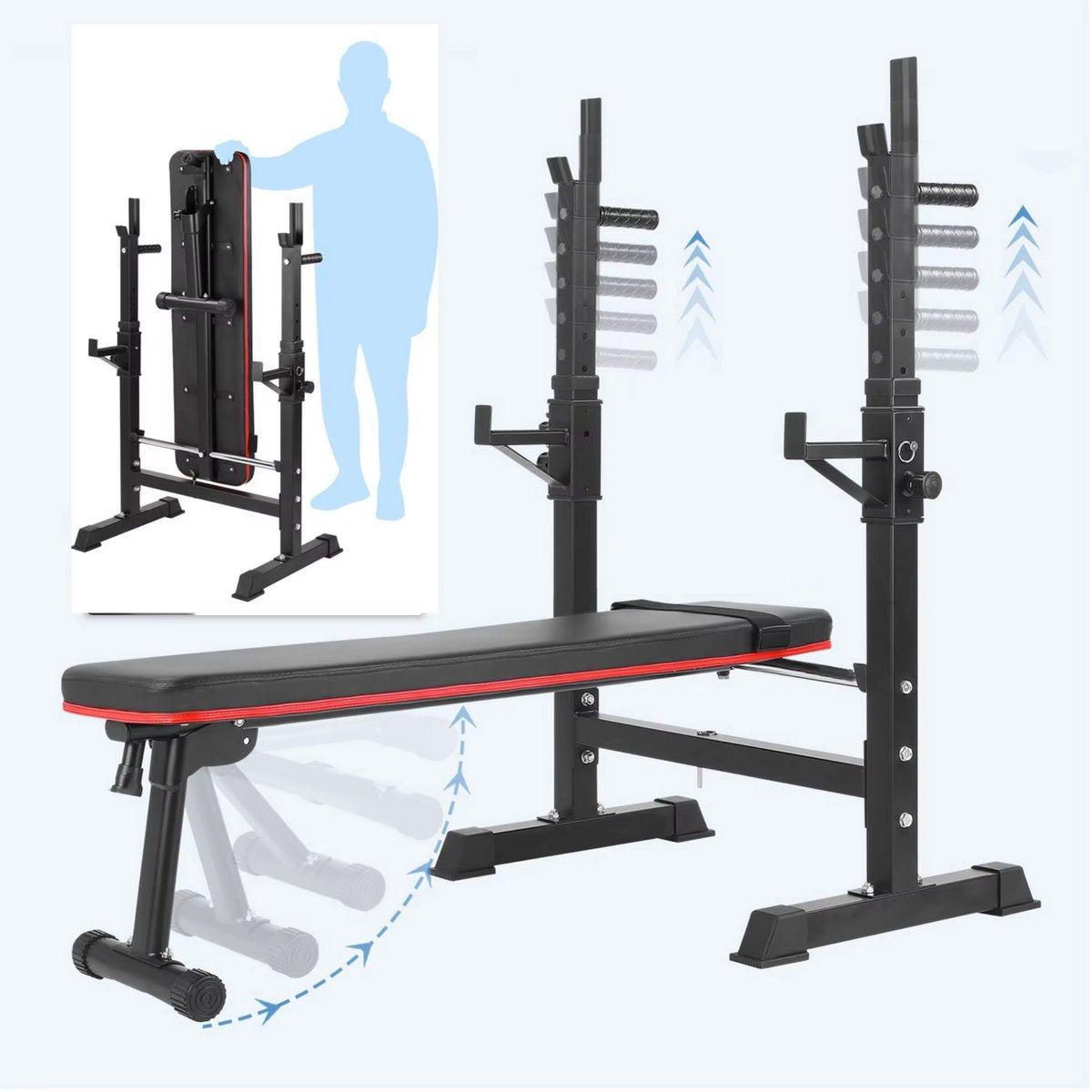 Multifunctionele Halterbank - Fitnessnank - Bench press - Bankdrukbank - Trainingsbank met Hulterrek, Opvouwbaar, Platte Bank en Squatrek - Tot 200 kg Capaciteit