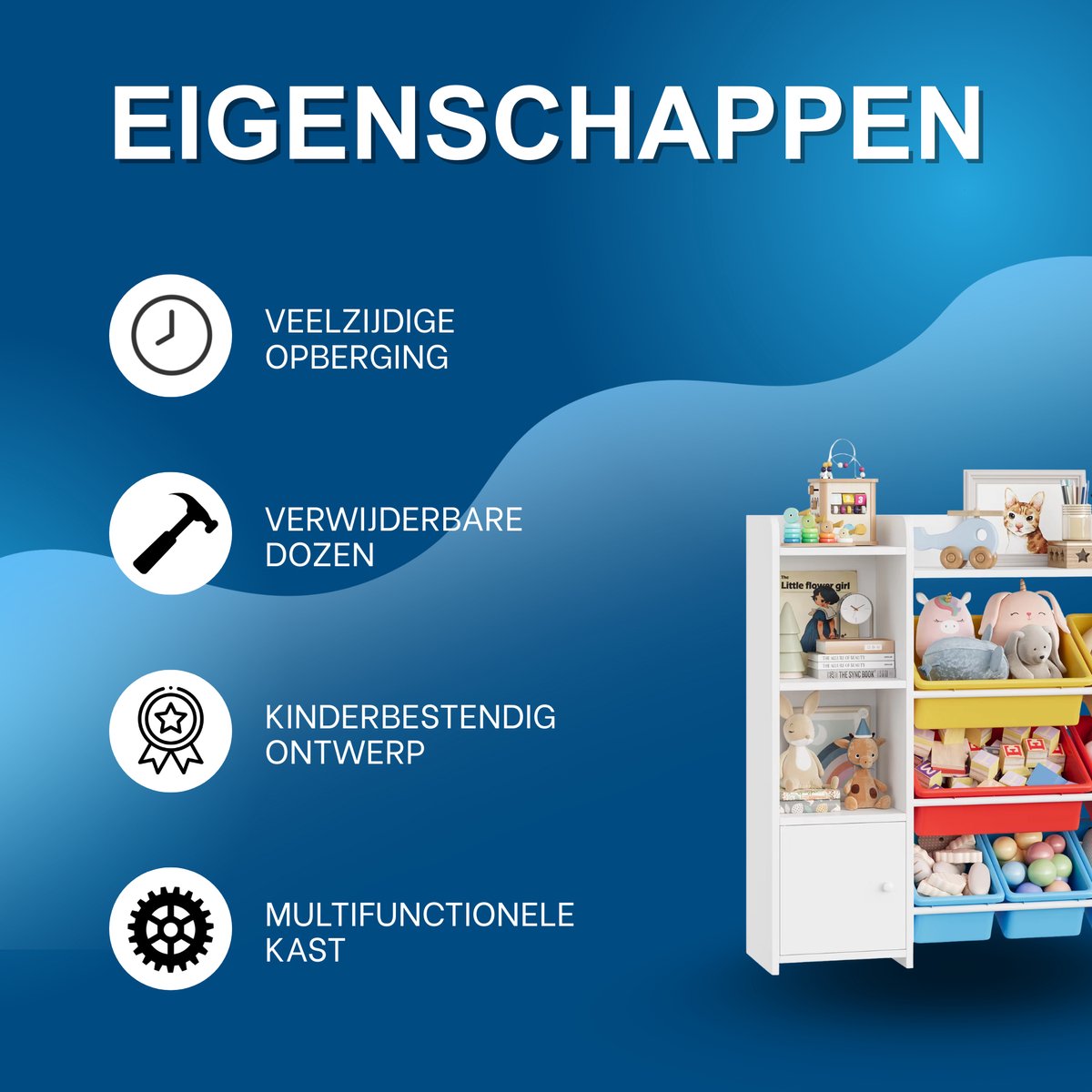 Speelgoedopbergkast – Kinderspeelkamer - Kinderboekenkast - Voor woonkamer, speelkamer en slaapkamer – Met 8 verwijderbare dozen en opbergplanken – 138,8×29,6×94,3 cm - Rood