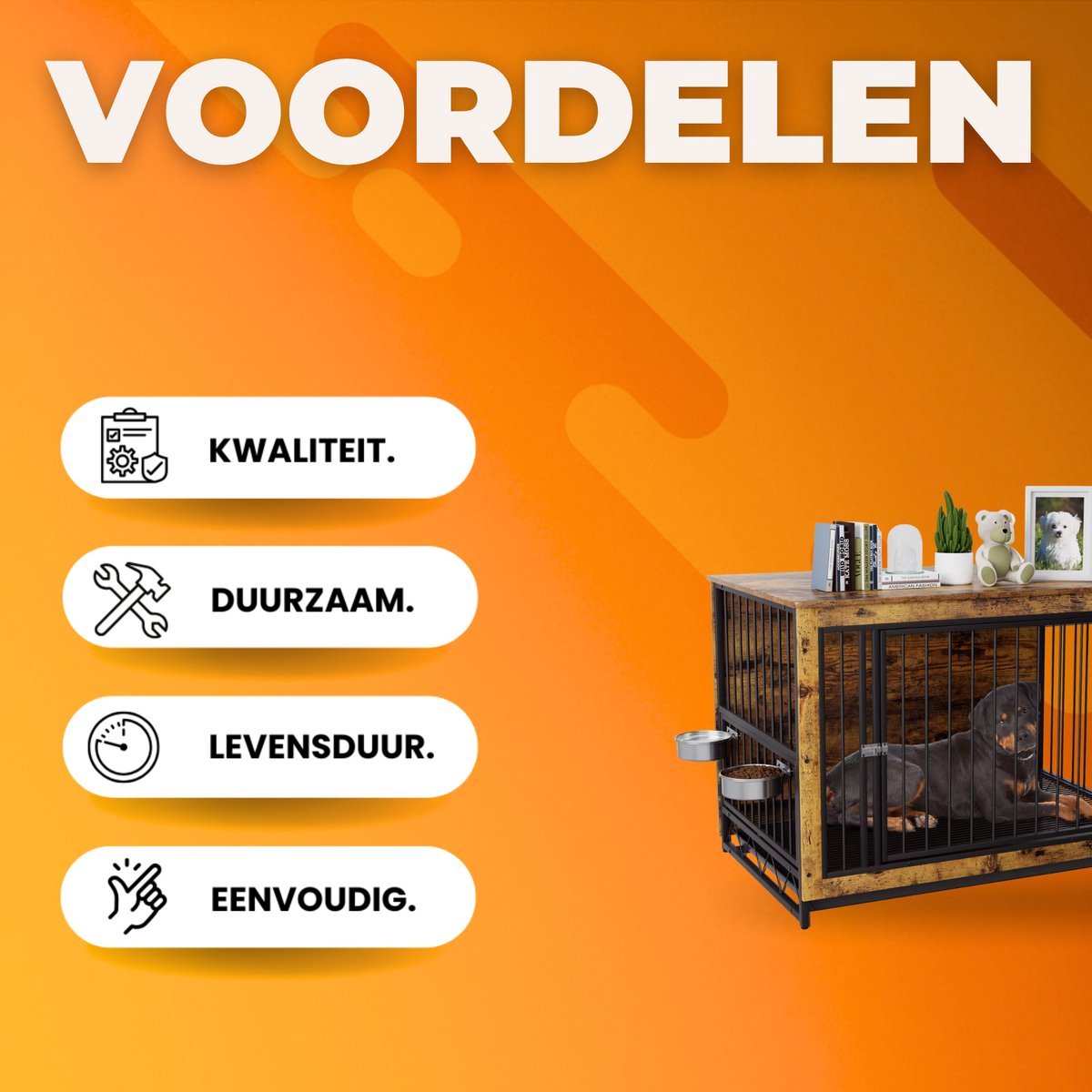 Houten Hondenbenche Valora - Hondenren - Hondenkrat Bijzettafel met Afneembare Kommen en Dienblad - Dubbele Deuren Hondenkennel voor Middelgrote Honden Binnen - 100 x 68 x 64 cm - Grijs