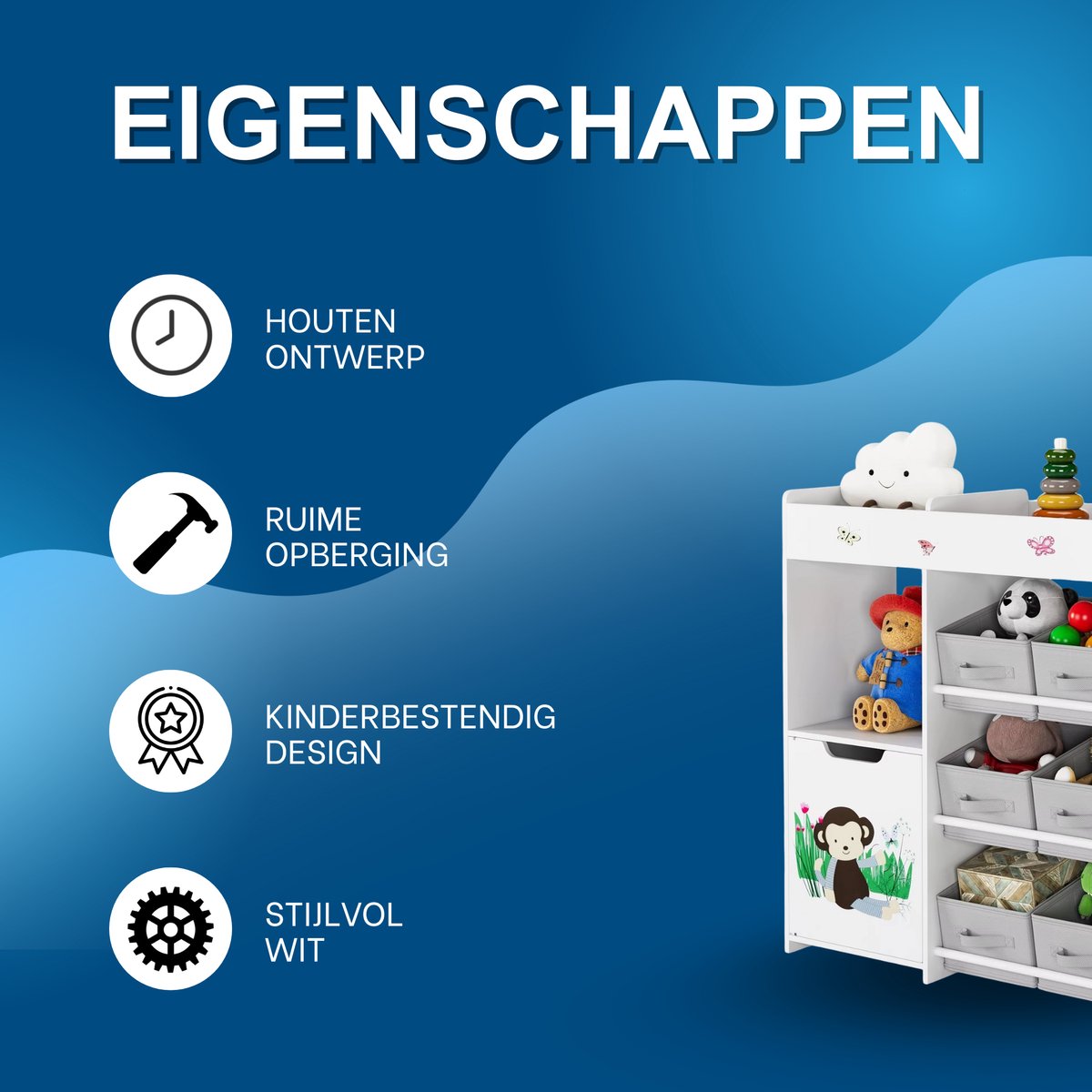 Speelgoedopbergkast – Kinderspeelkamer - Kinderboekenkast – Voor kinderen in kinder- of speelkamer – 9 opbergruimtes voor speelgoed en boeken – Hout, wit