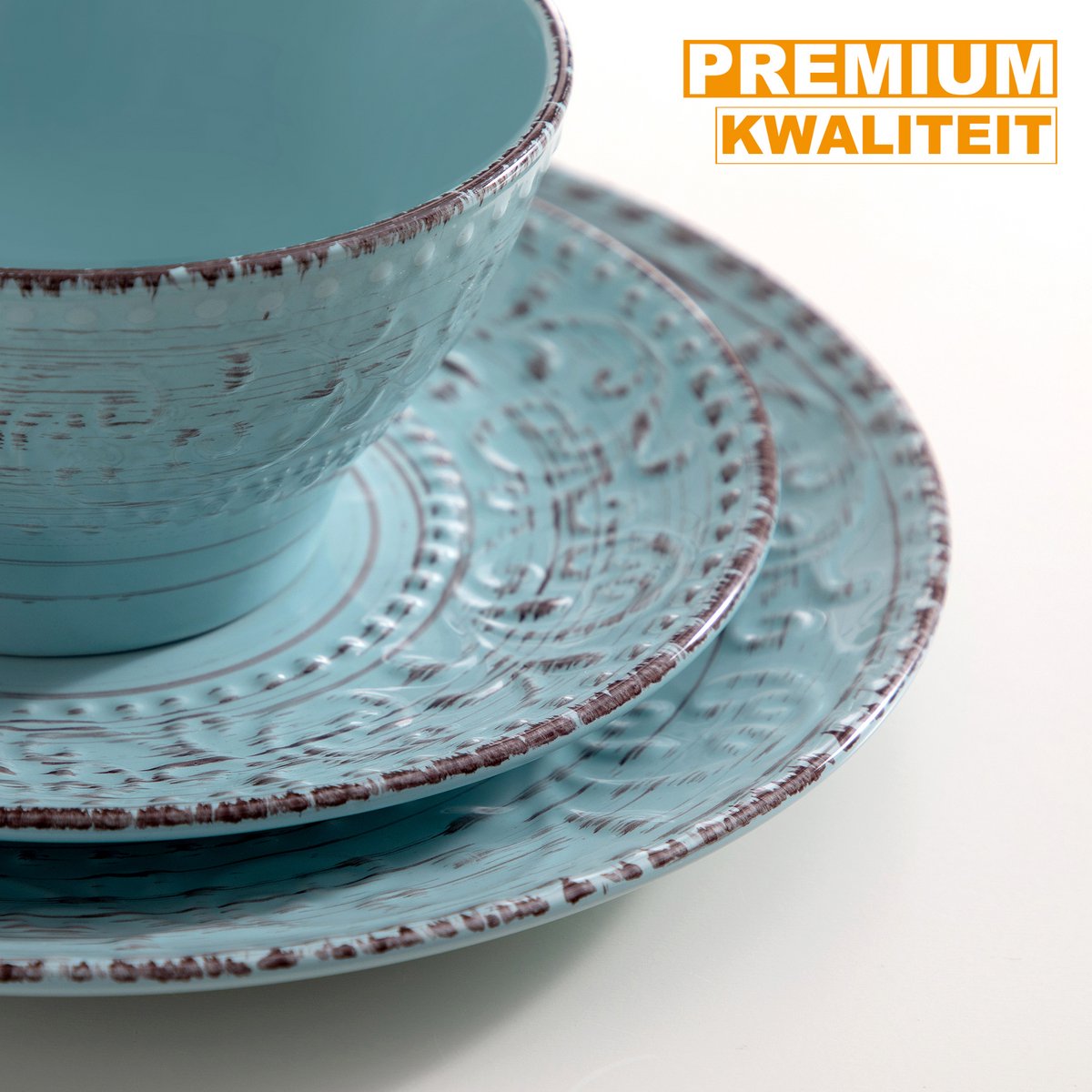 Grandiose Bordenset – 4 persoons – 16 delig – Wit/blauw Keramisch – Eetborden – Breakfast Plates