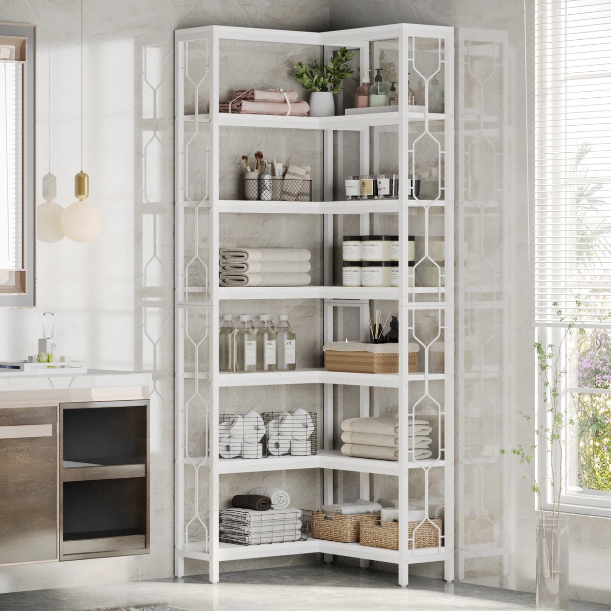 Boekenkast met 7 Lagen - Hoekkast - Wit - Hoekrek - Voor Woonkamer, Slaapkamer of Kantoor