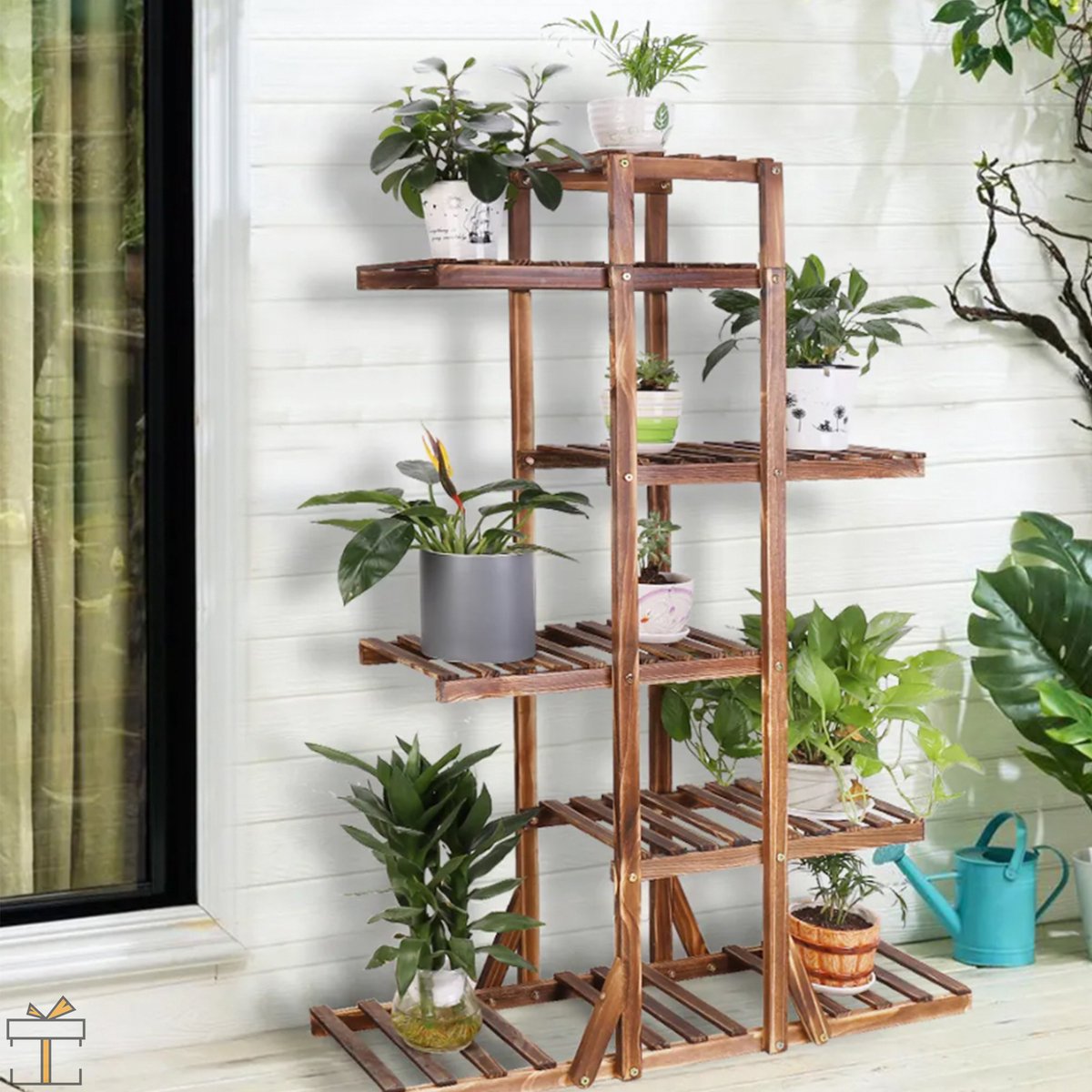 Happyment Plantenstandaard - Plantenrek trap - Bloemenrek voor binnen en buiten - Tuin etagere hout - 131cm