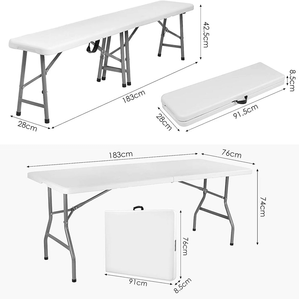 Klaptafel - Kampeertafel - 2 Banken set - Vouwtafel - Opvouwbare Tuinmeubelset voor Buiten, Kamperen & Picknick - Picknicktafel met Bankjes - 180 cm - Wit