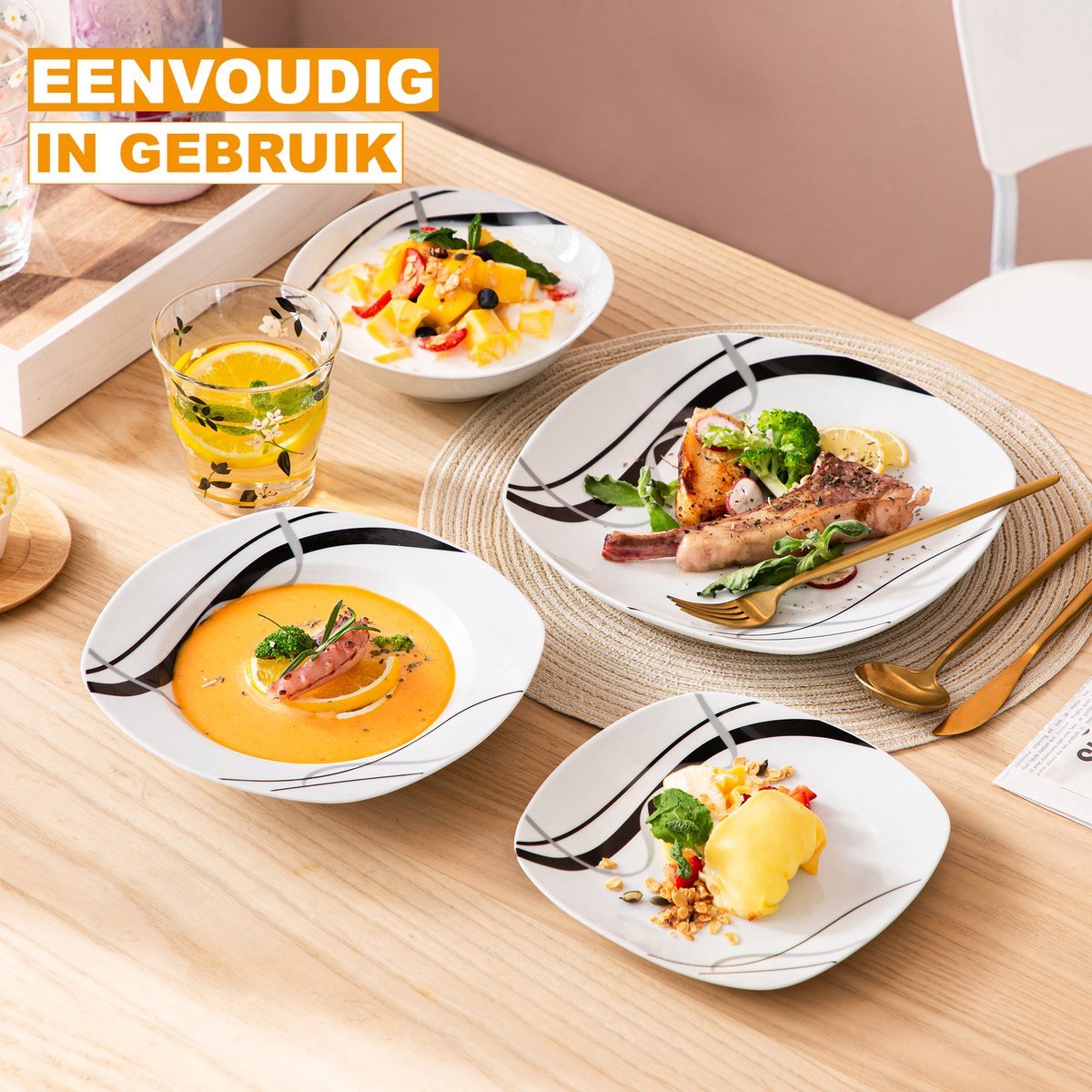Prestige Montario Salade Kom - 24 delig - 6 personen- Wit/Zwarte Strepen - Dinerborden - Bordenset - Diepe borden - Ontbijtborden - Servies - Keukenservies - Luxe design - Tafelstijl
