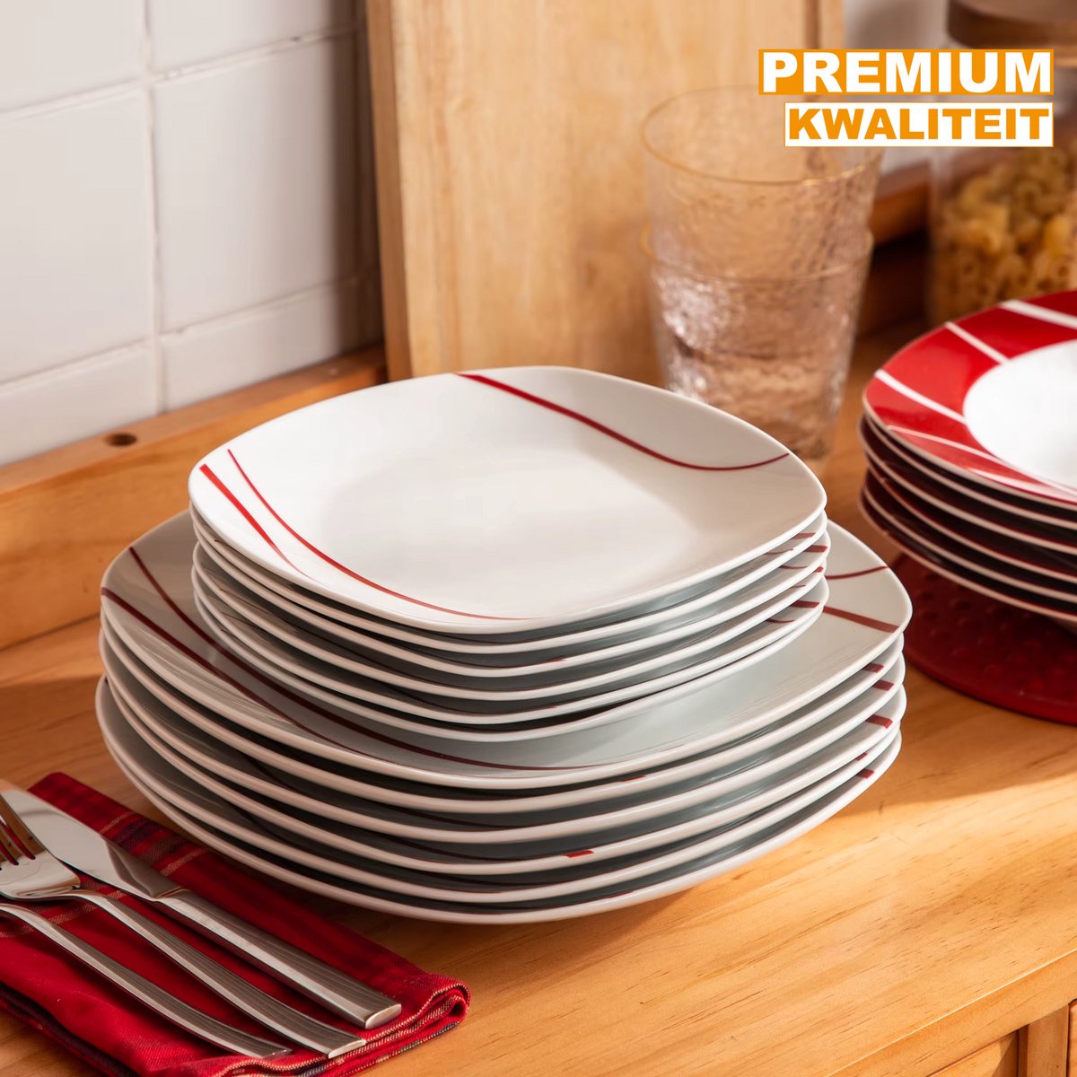 Regal Serviesset – 6 persoons – 18 delig – Wit/Rood Keramisch – Dinerborden – Ontbijtborden