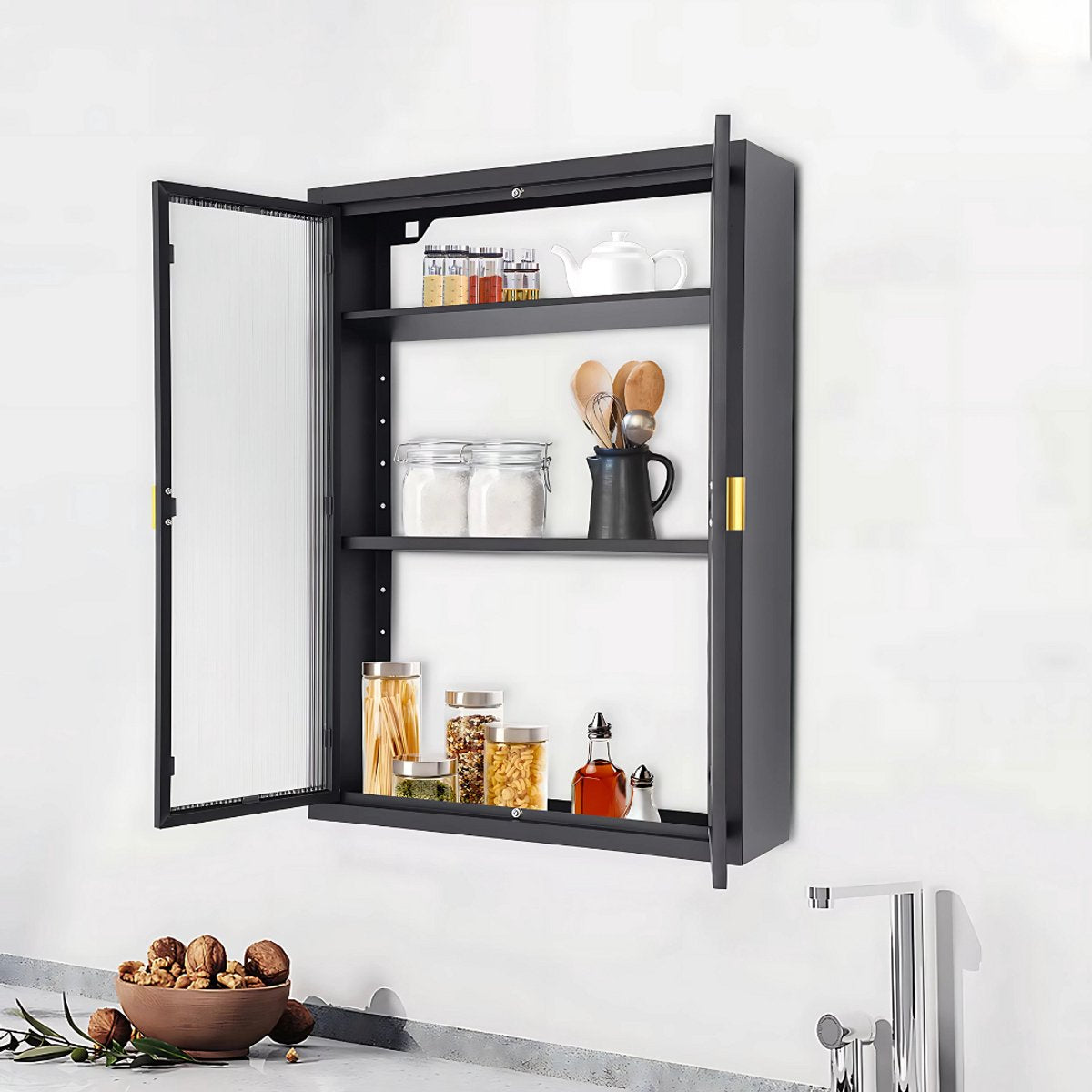 Badkamerkast deluxe - Glazen deur - Badkamermeubel - Voor Wandmontage - 3-Laags - Zwart